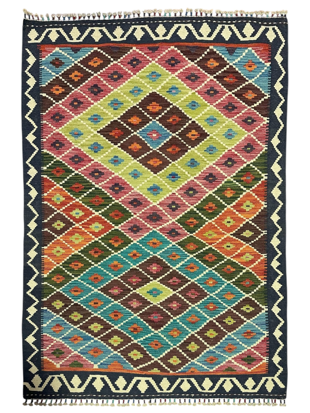 Afghan Kilim Rug 4x6, Navy, Pink & Teal, Hand-Woven Wool Flatweave