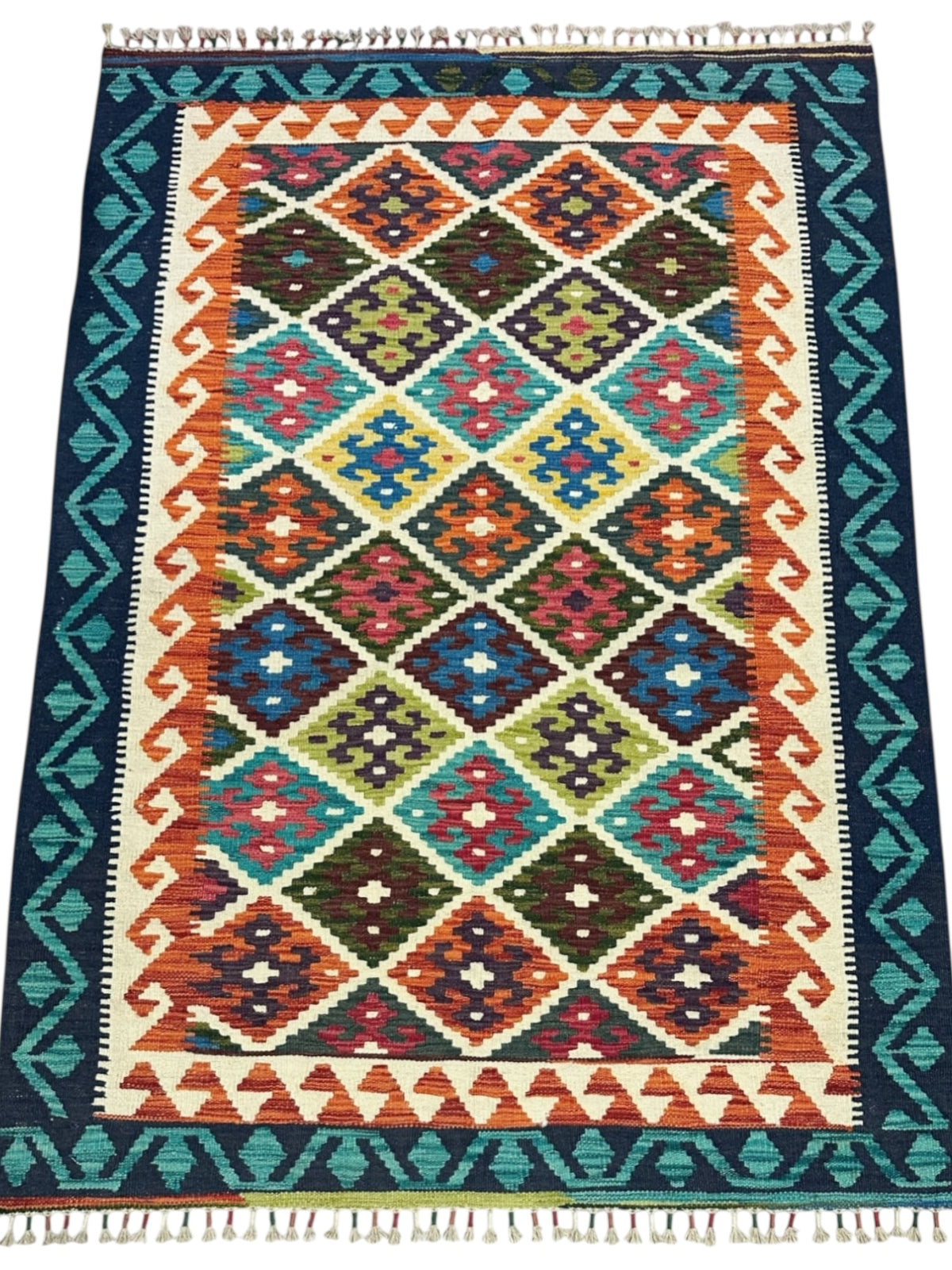 Afghan Kilim Rug 4x6, Orange, Navy & Teal, Hand-Woven Wool Flatweave, view 2