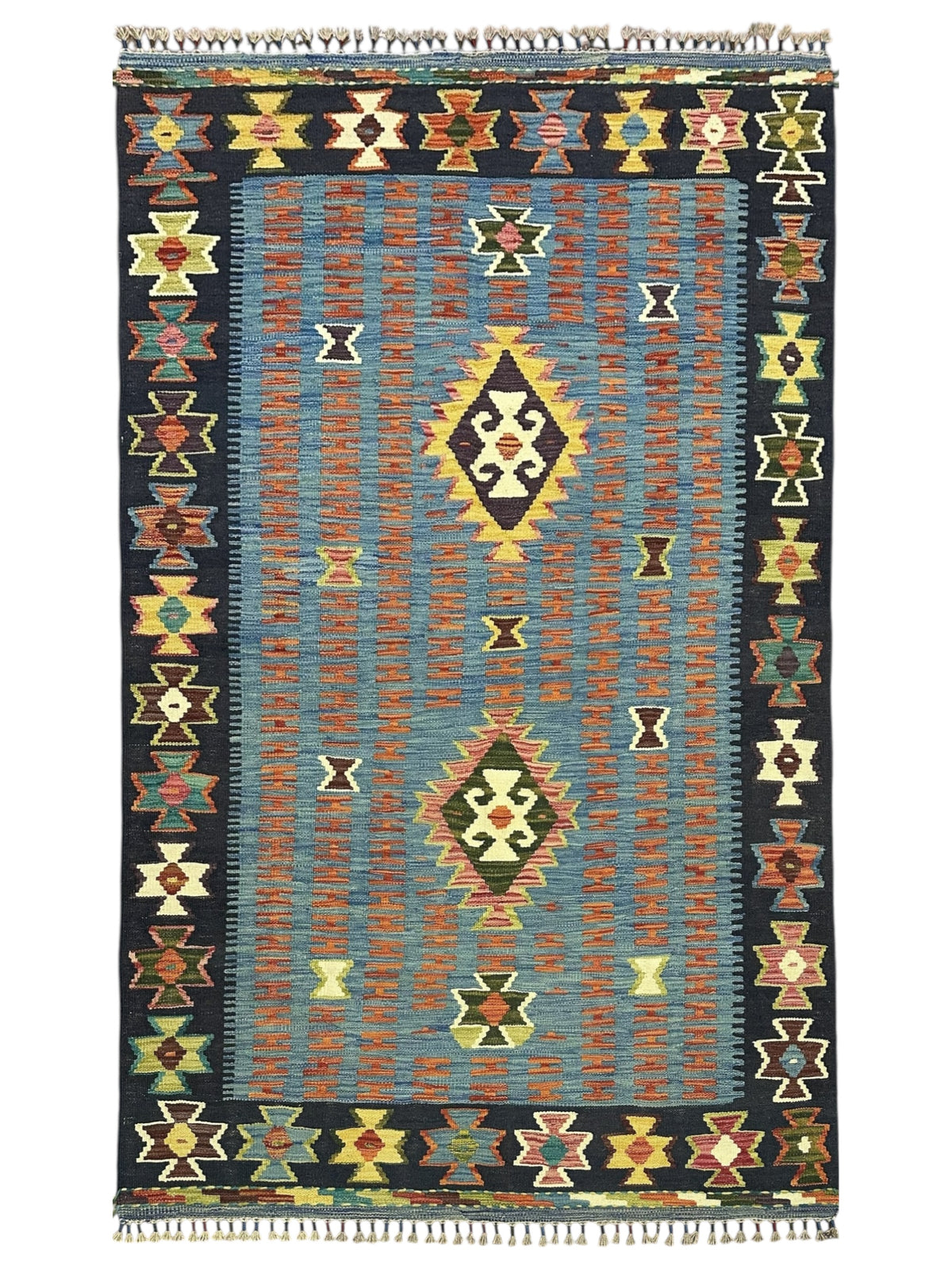 Afghan Kilim Rug 4x6, Blue, Navy & Rust, Diamond Medallion Wool Flatweave