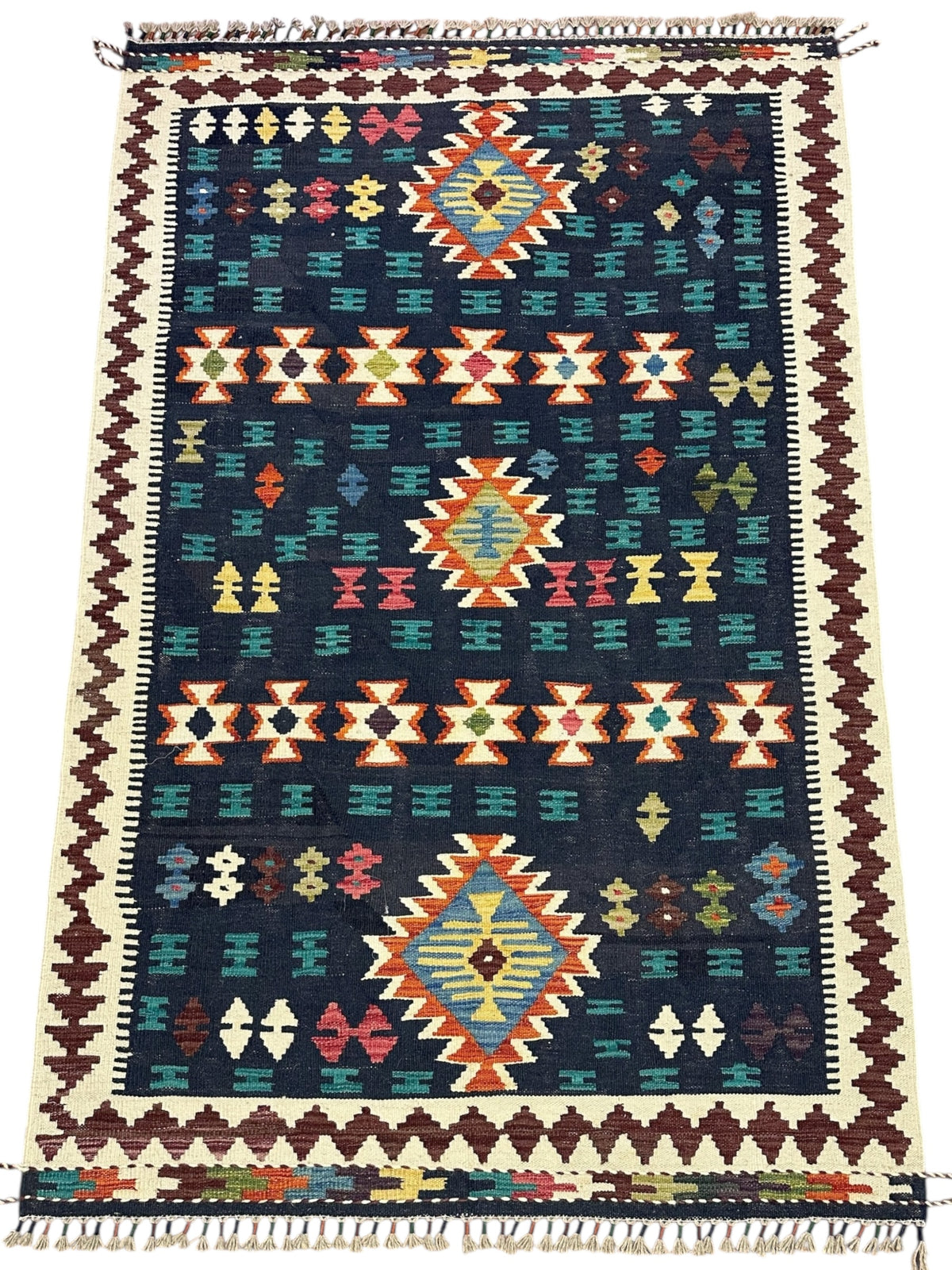 Afghan Kilim Rug 4x6, Navy, Ivory & Rust, Hand-Woven Wool Flatweave, view 2