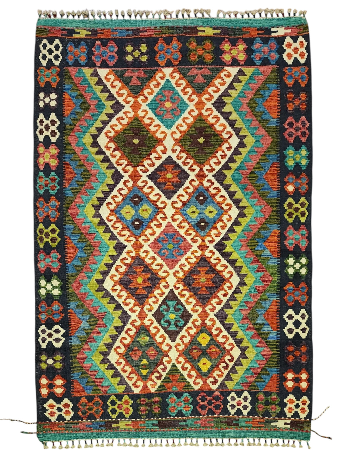 Afghan Kilim Rug 4x6, Navy, Rust & Ivory, Diamond Lattice Wool Flatweave