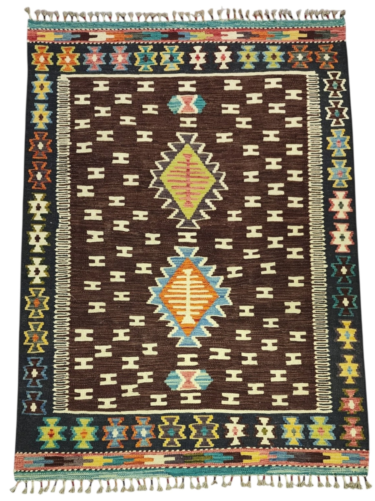Afghan Kilim Rug 4x6, Brown, Navy & Ivory, Hand-Woven Wool Flatweave, view 2