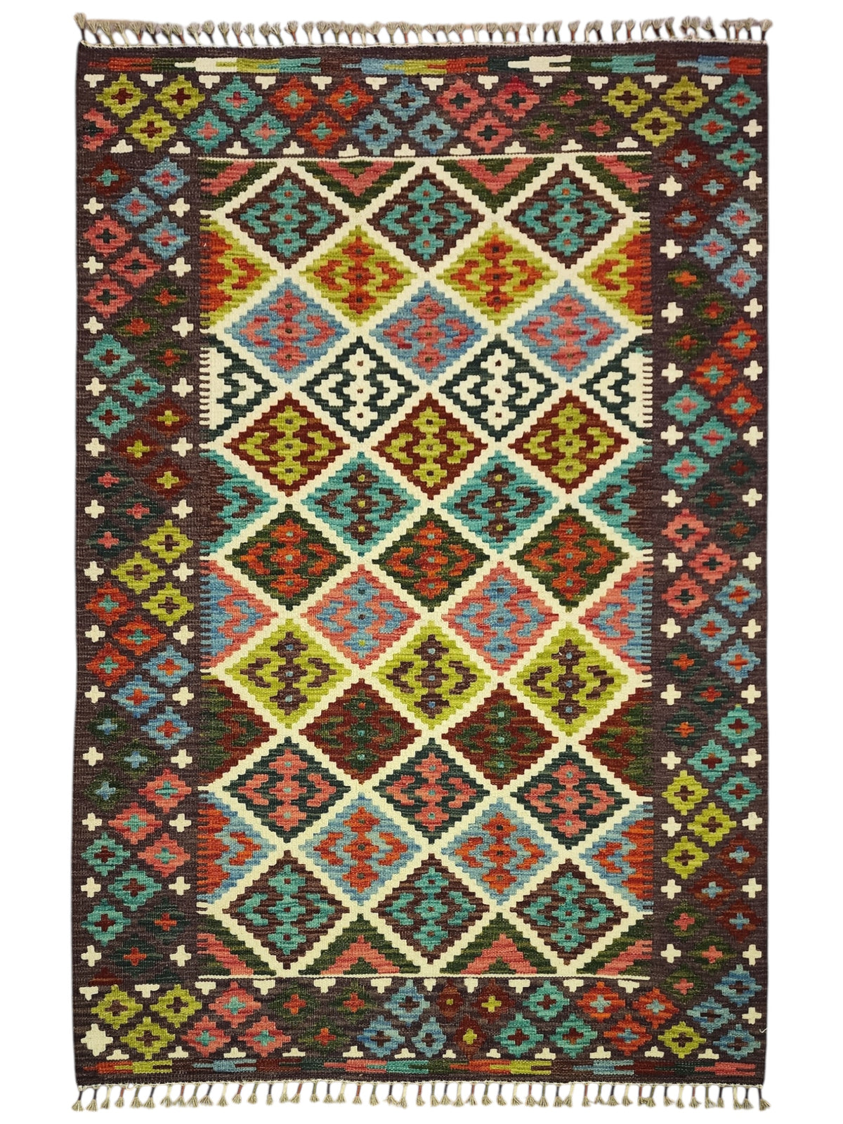 Afghan Kilim Rug 4x6, Brown, Ivory & Rust, Hand-Woven Wool Flatweave