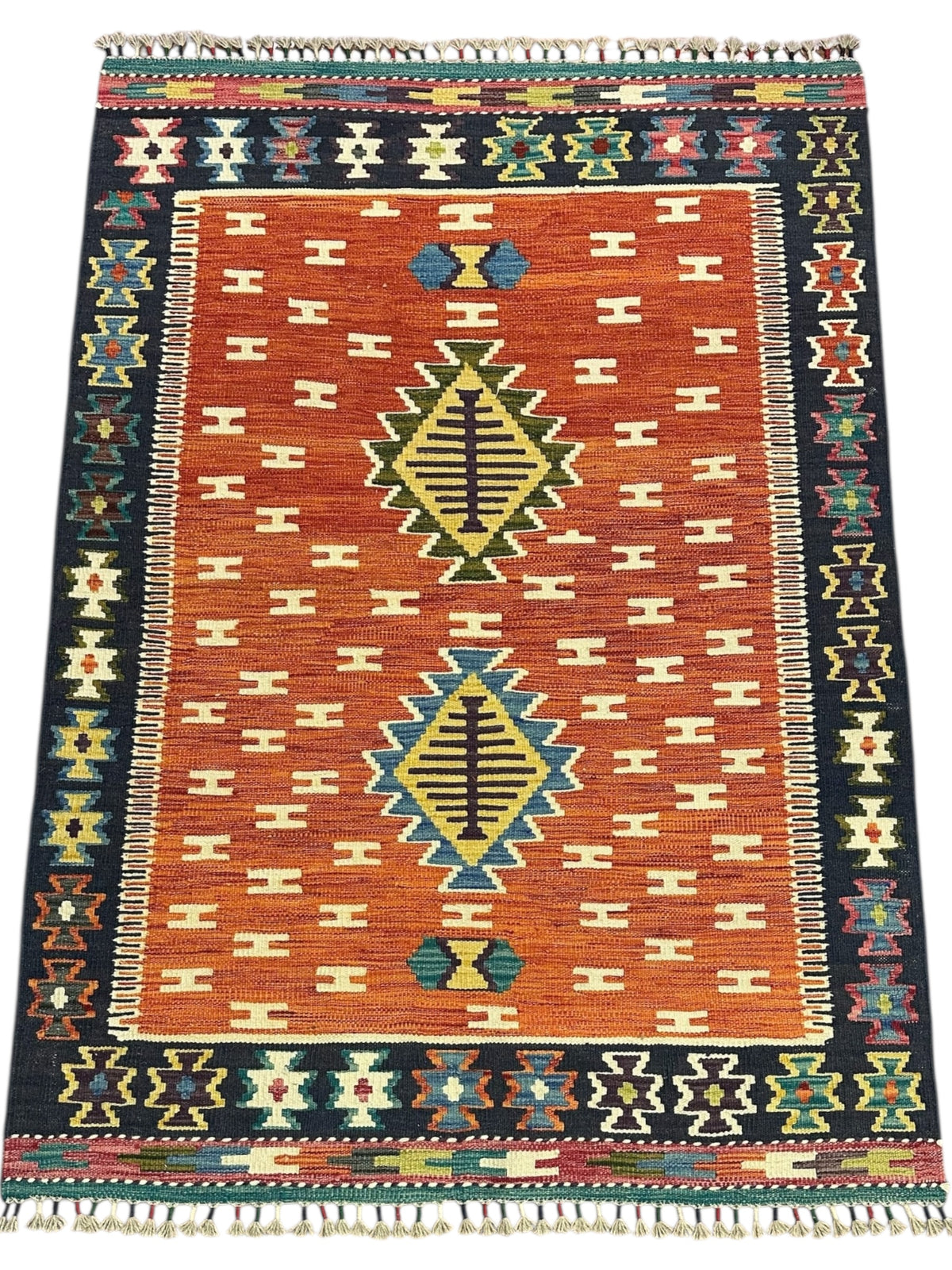Afghan Kilim Rug 4x6, Orange, Navy & Ivory, Hand-Woven Wool Flatweave, view 2