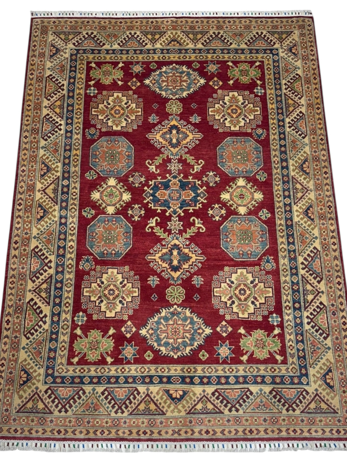 Afghan Kazak Rug 5'7" x 7'9", Hand-Knotted Wool, Cream & Red, view 2