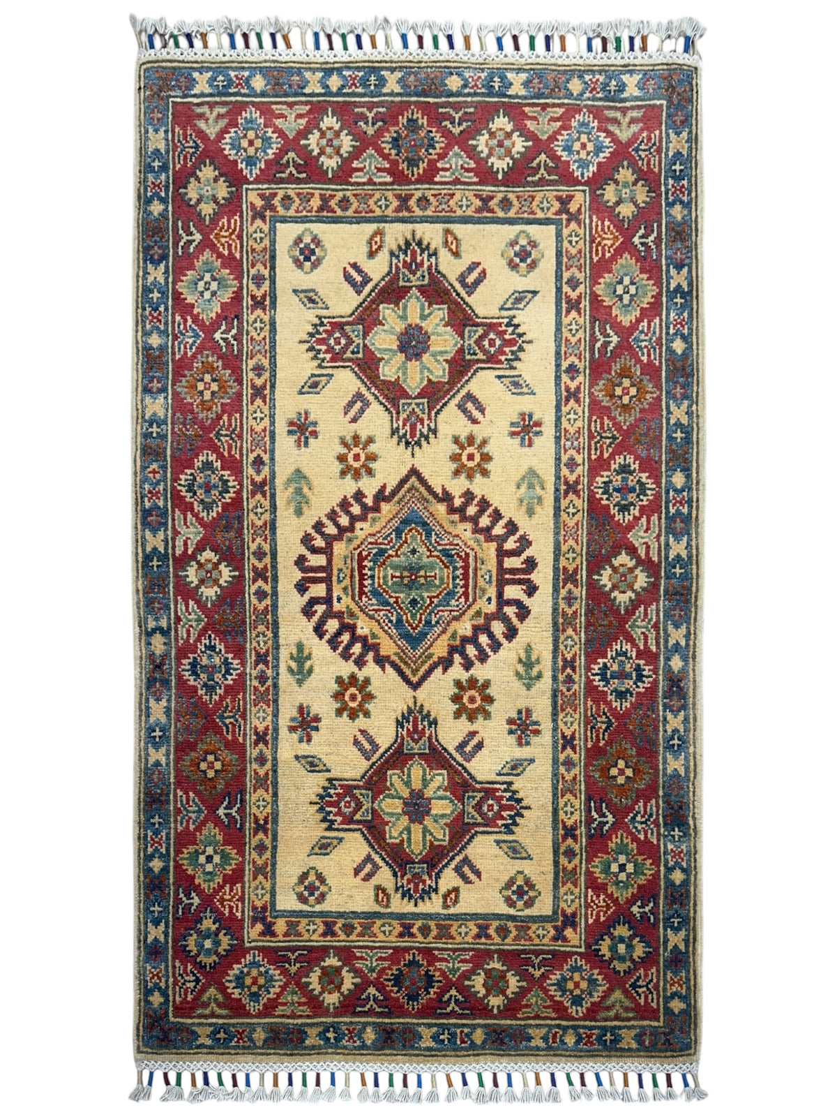 Afghan Kazak Rug 2'9" x 4'4", Hand-Knotted Wool, Cream & Red