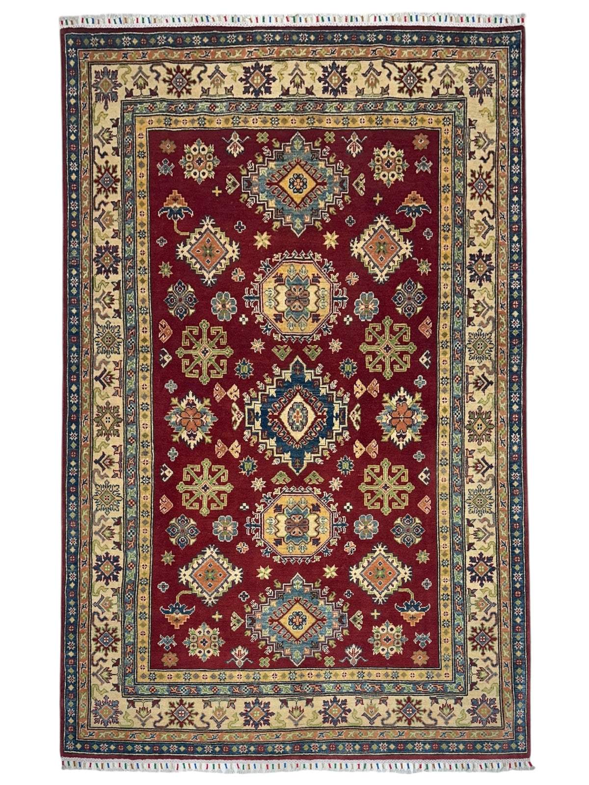 Afghan Kazak Rug 5'5" x 8', Hand-Knotted Wool, Cream & Red