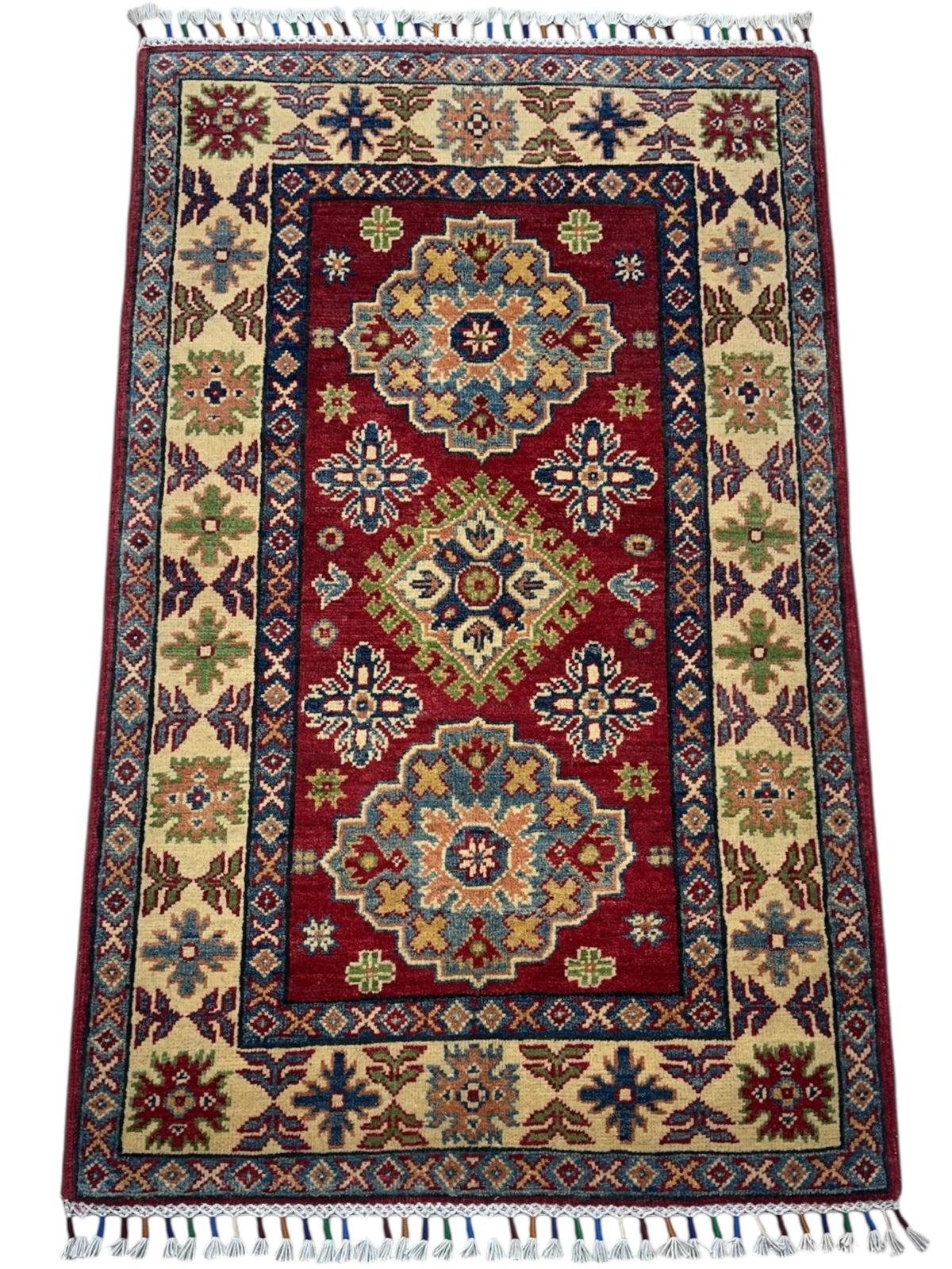 Afghan Kazak Rug 2'8" x 4'4", Hand-Knotted Wool, Cream & Red, view 2