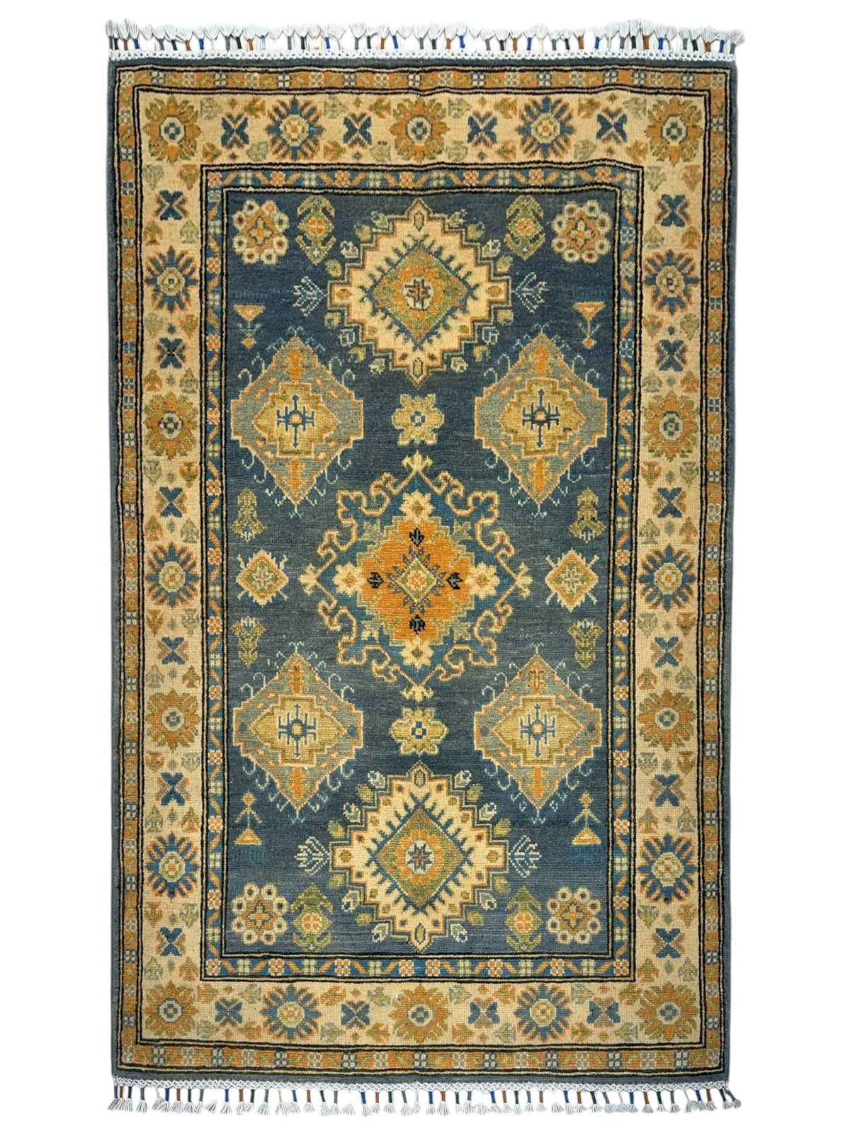 Afghan Kazak Rug 3'4" x 4'11", Hand-Knotted Wool, Cream
