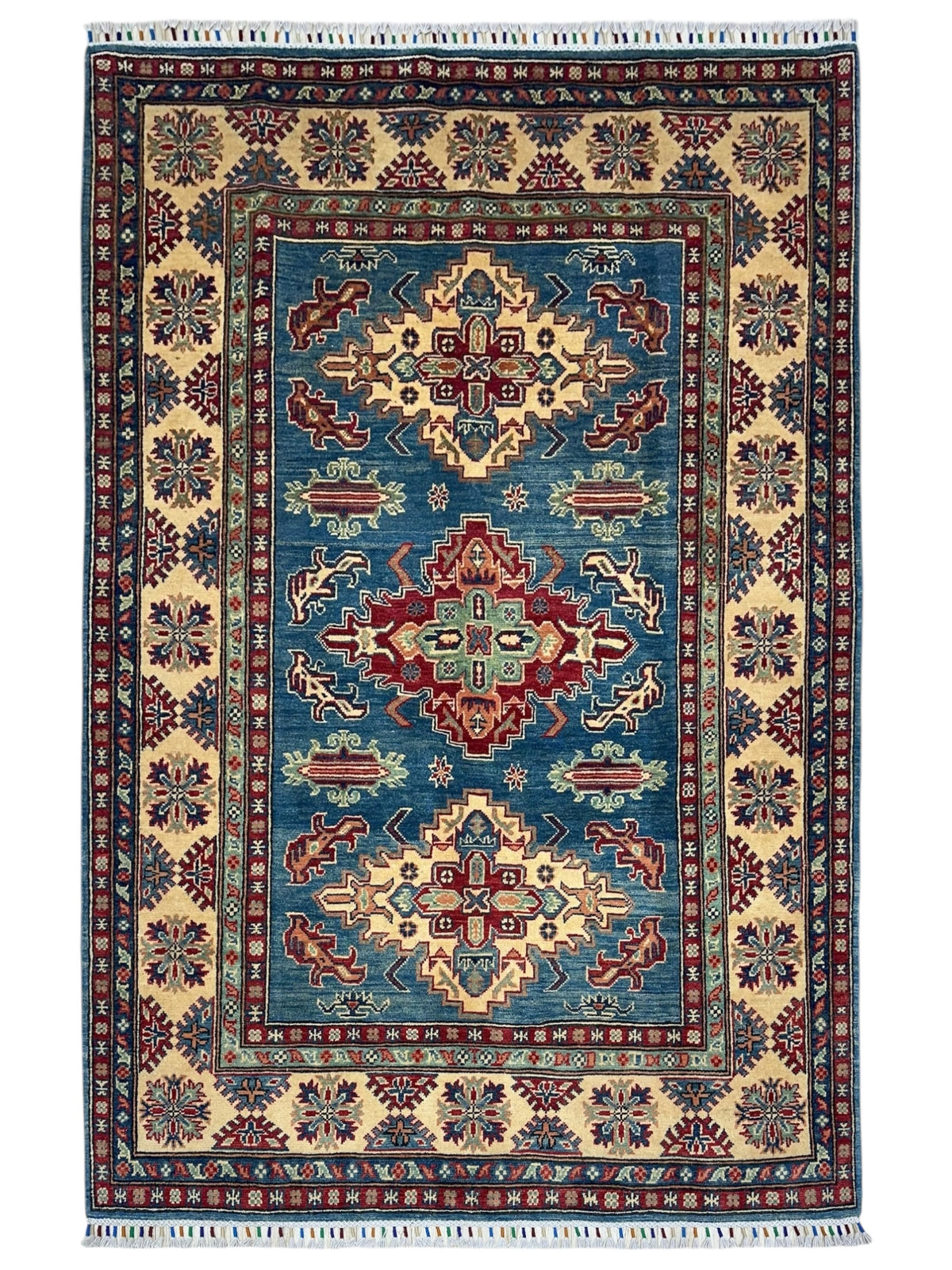 Afghan Kazak Rug 3'3" x 5', Hand-Knotted Wool, Cream & Red