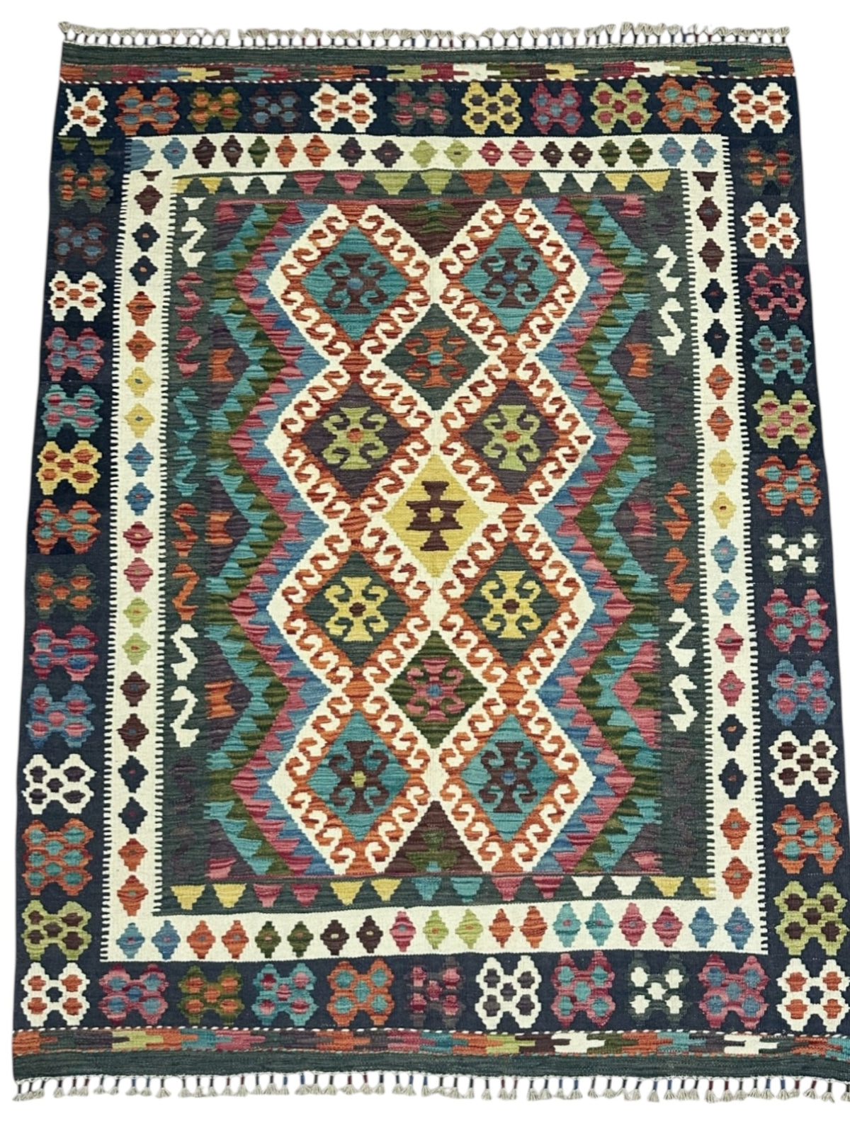 Afghan Kilim Rug 5x6, Navy, Ivory & Teal, Hand-Woven Wool Flatweave, view 2