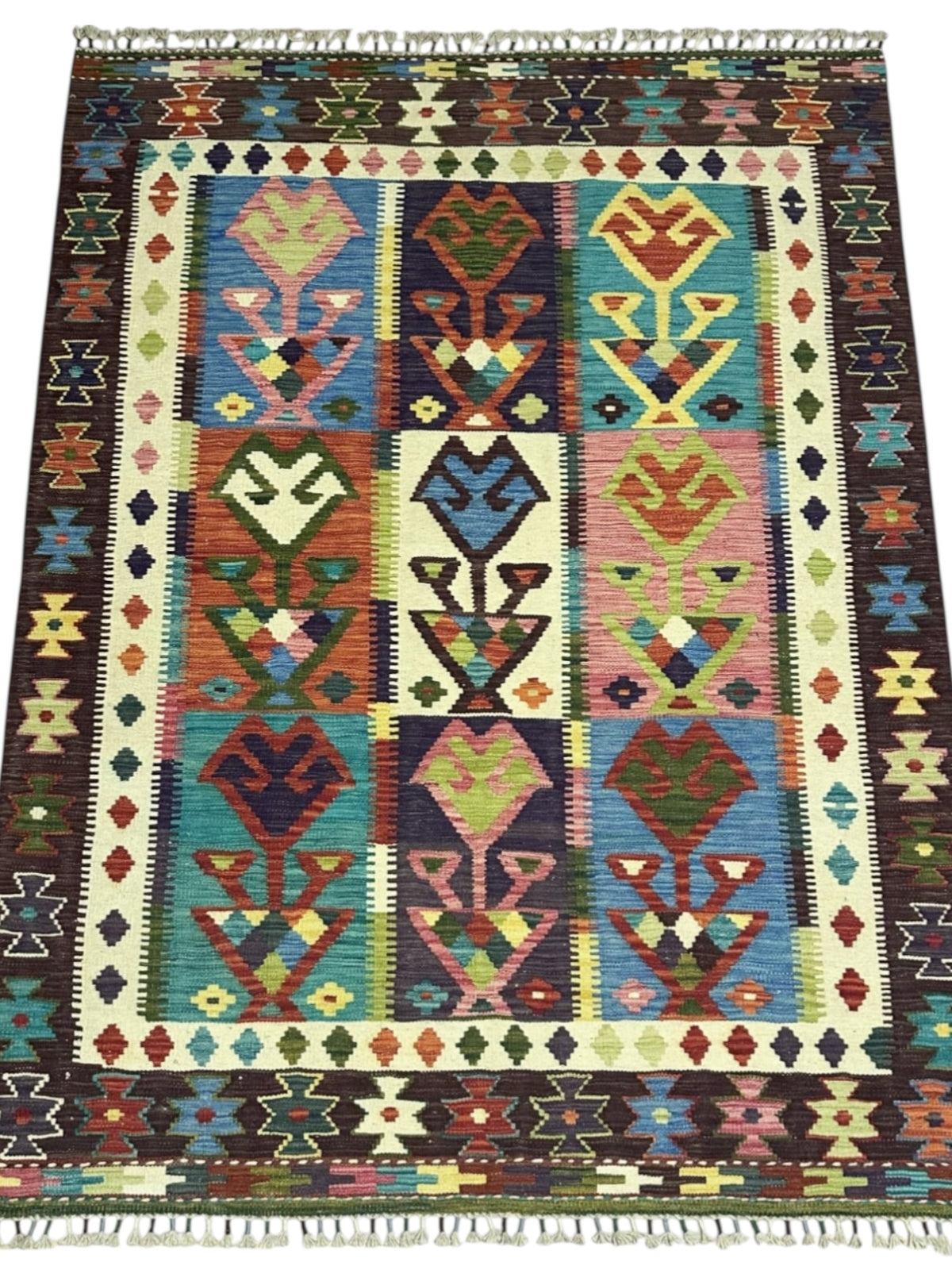 Afghan Kilim Rug 5x7, Brown, Ivory & Teal, Hand-Woven Wool Flatweave, view 2