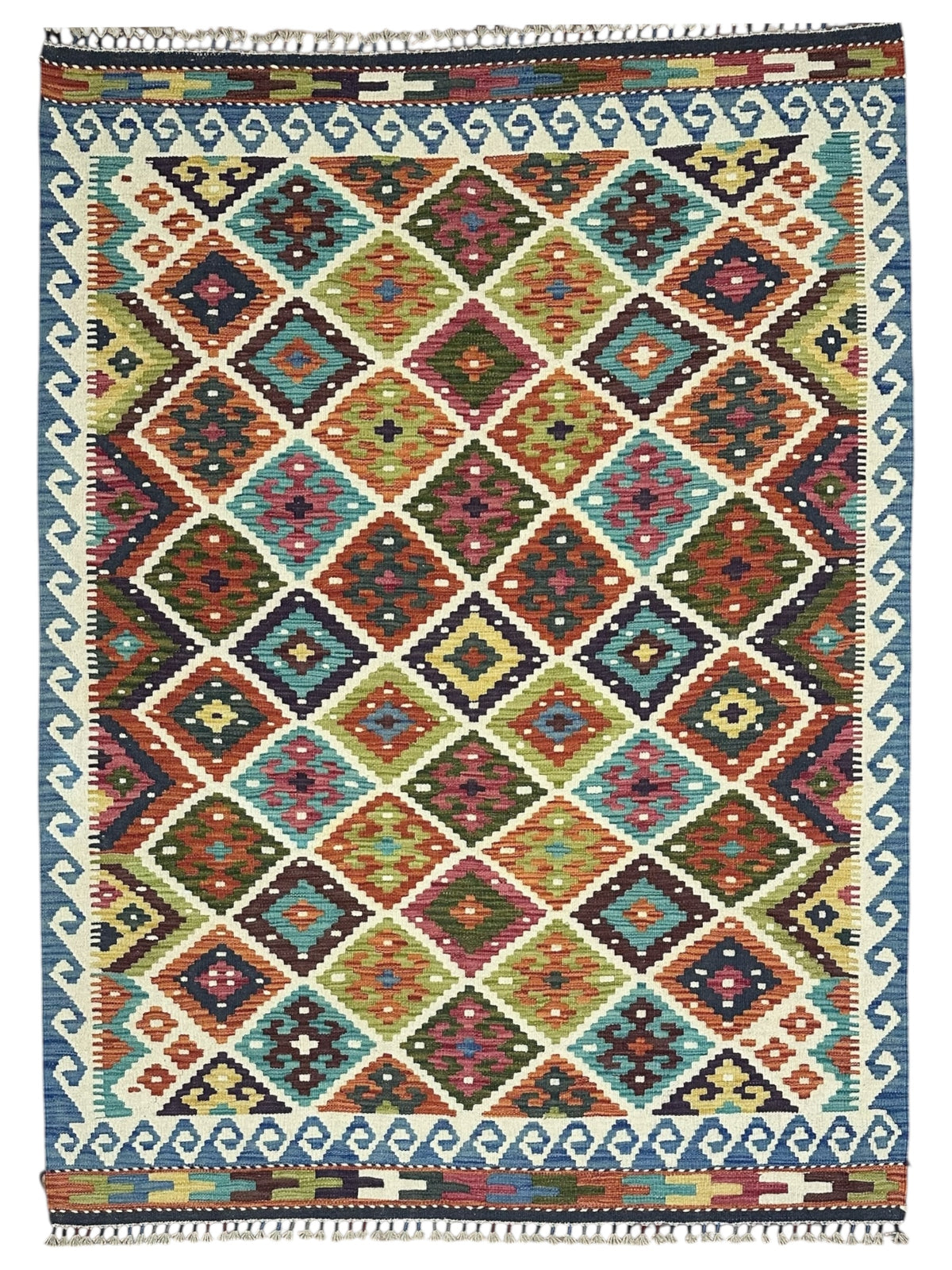 Afghan Kilim Rug 5x7, Rust, Ivory & Olive Green, Hand-Woven Wool Flatweave