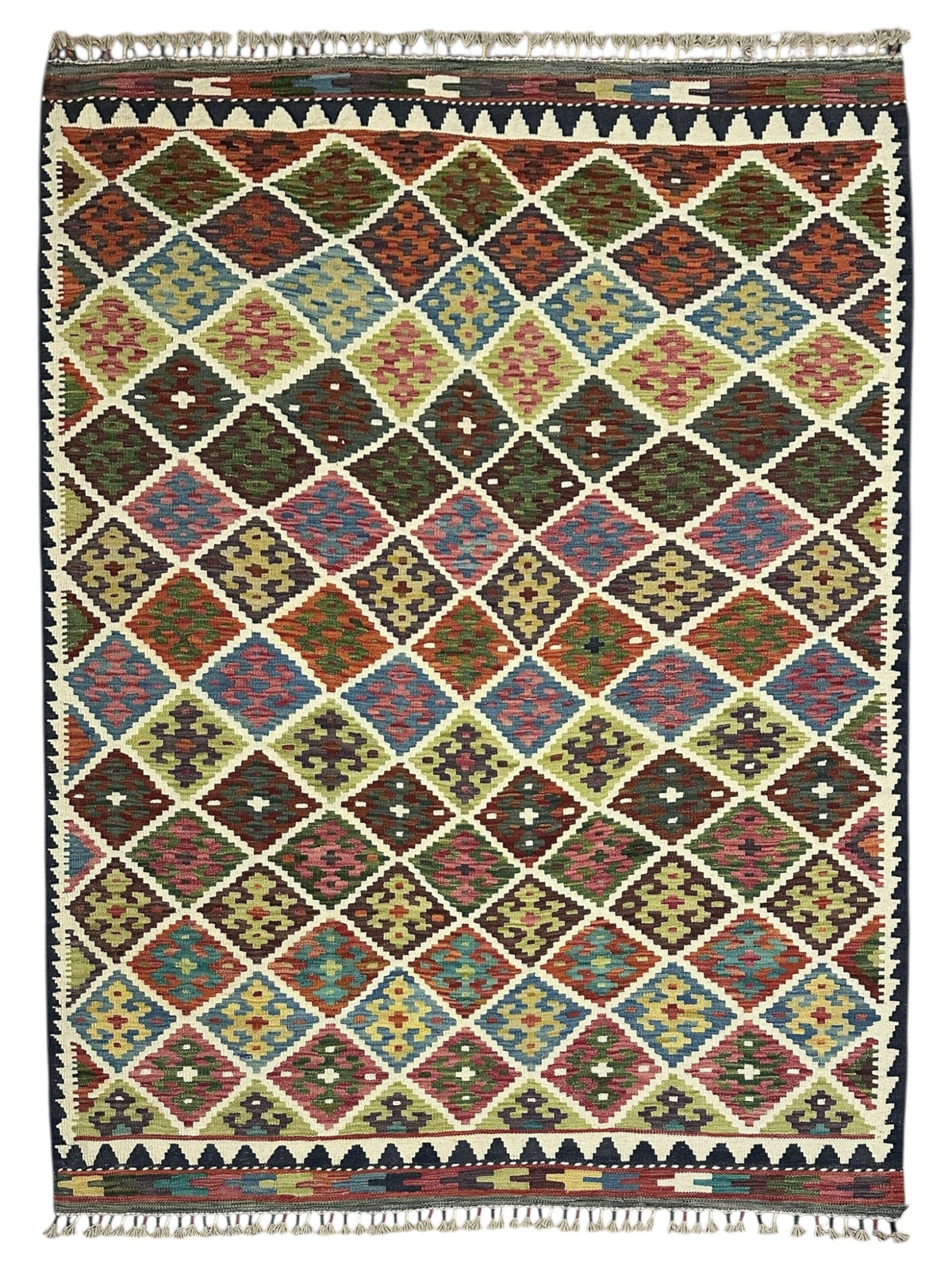 Afghan Kilim Rug 5x7, Brown, Olive Green & Rust, Hand-Woven Wool Flatweave