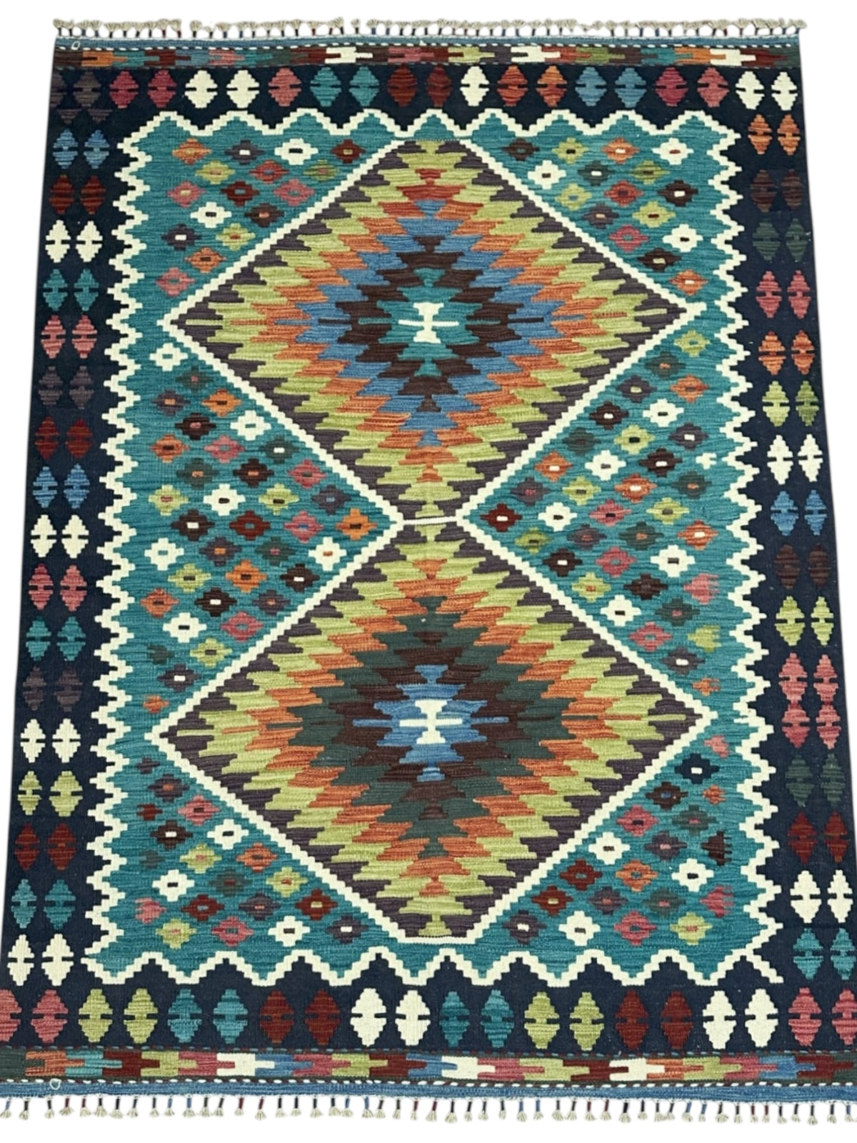Afghan Kilim Rug 5x7, Teal, Navy & Olive Green, Hand-Woven Wool Flatweave, view 2