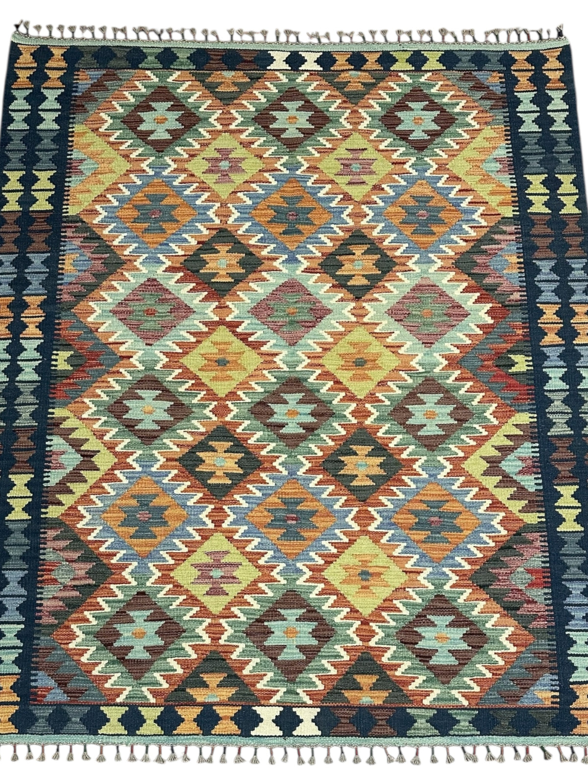 Afghan Kilim Rug 5x6, Navy, Orange & Gold, Hand-Woven Wool Flatweave, view 2