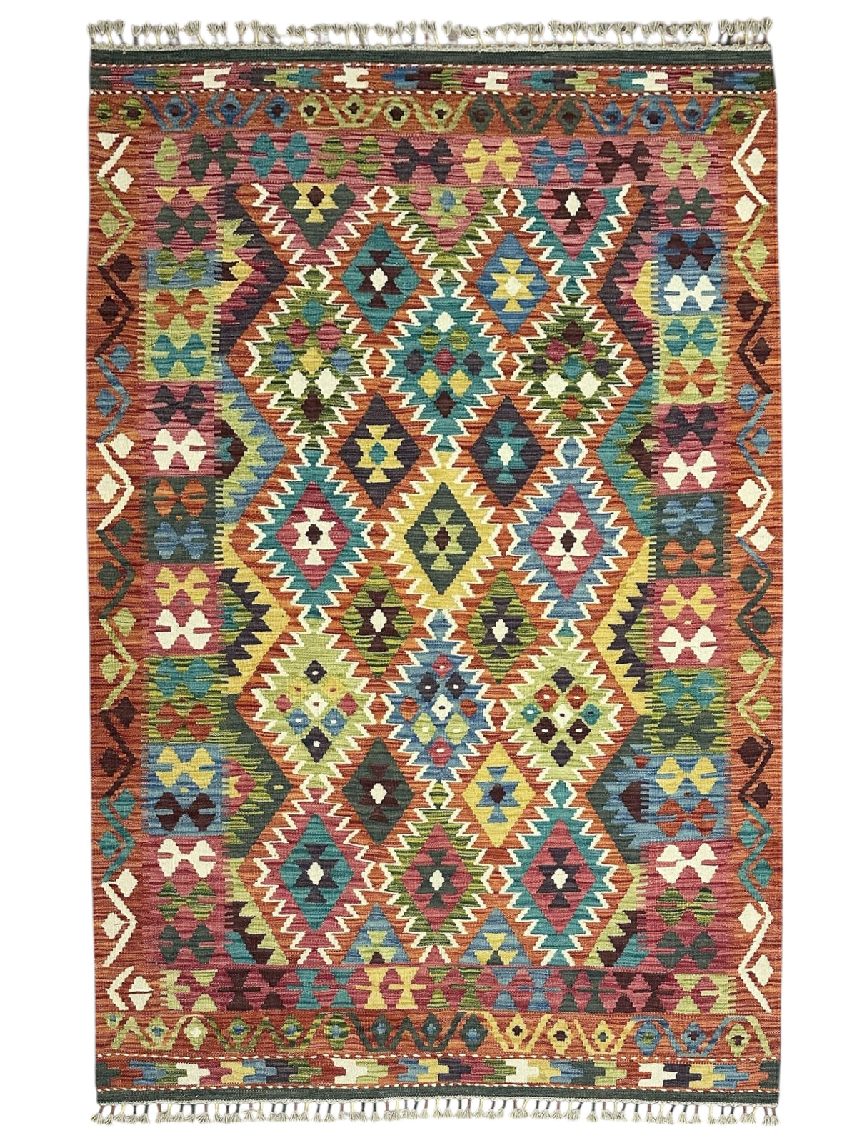 Afghan Kilim Rug 5x7, Rust, Teal & Gold, Hand-Woven Wool Flatweave