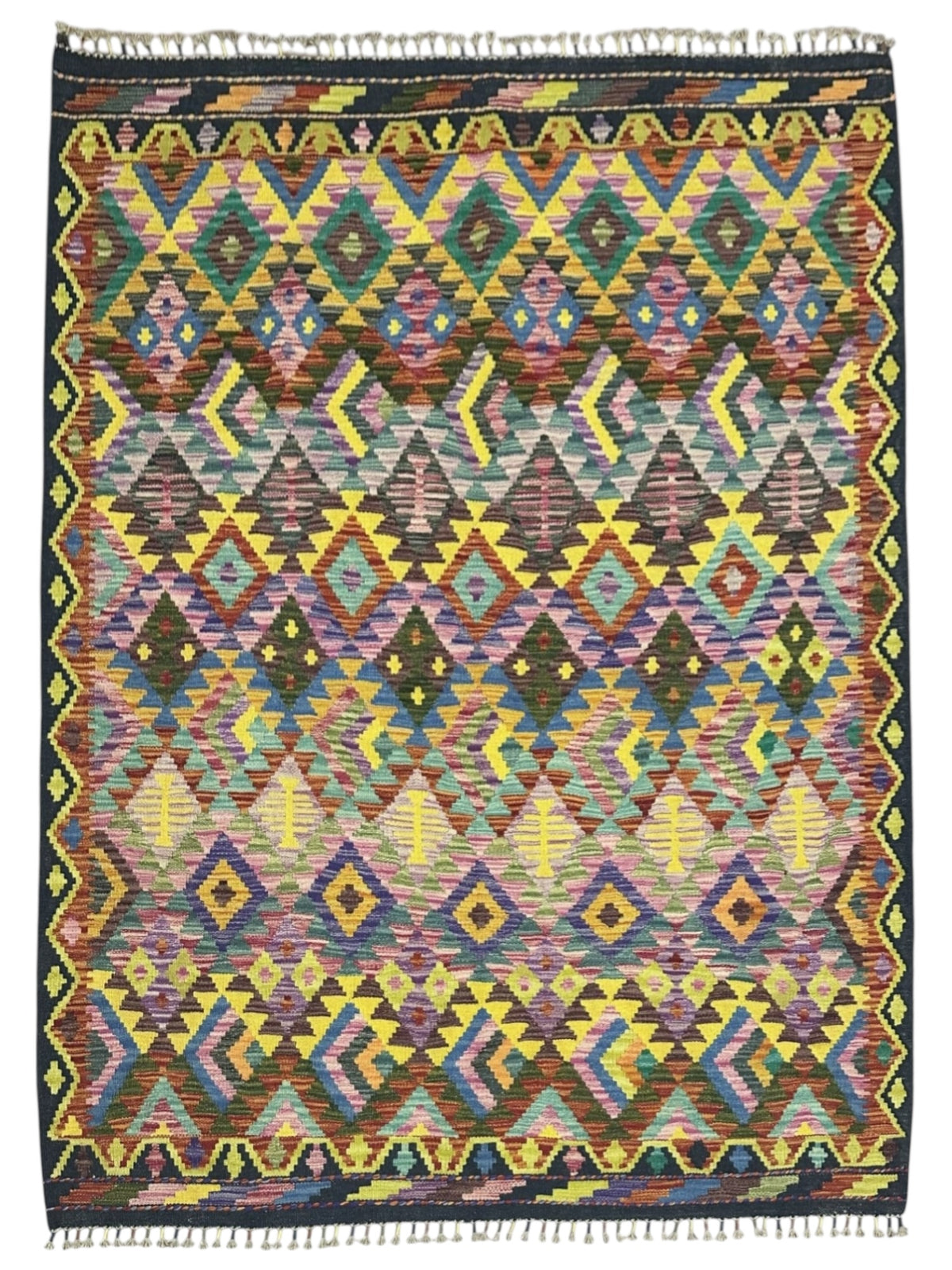 Afghan Kilim Rug 5x7, Yellow, Purple & Brown, Hand-Woven Wool Flatweave