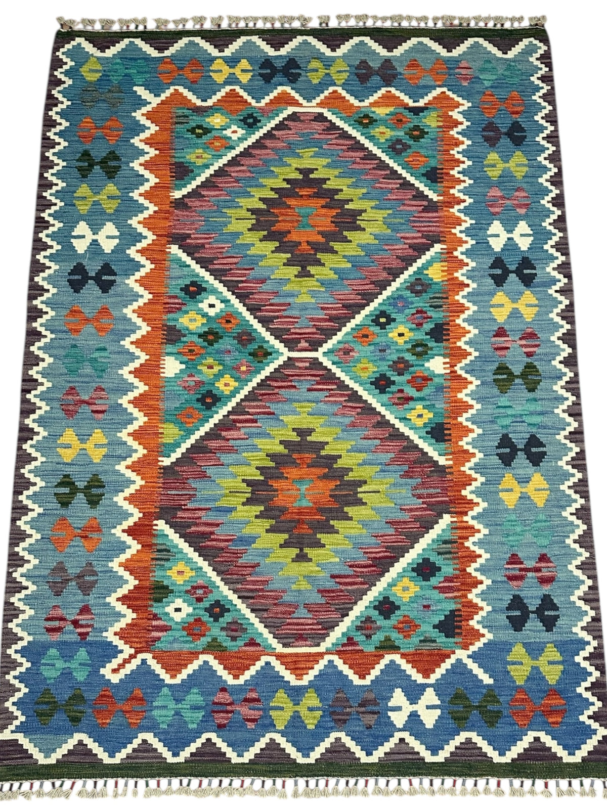 Afghan Kilim Rug 5x7, Blue, Teal & Purple, Hand-Woven Wool Flatweave, view 2