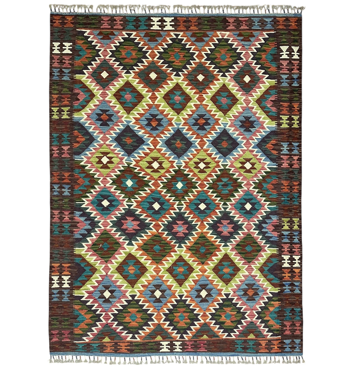 Afghan Kilim Rug 5x6, Brown, Rust & Teal, Hand-Woven Wool Flatweave