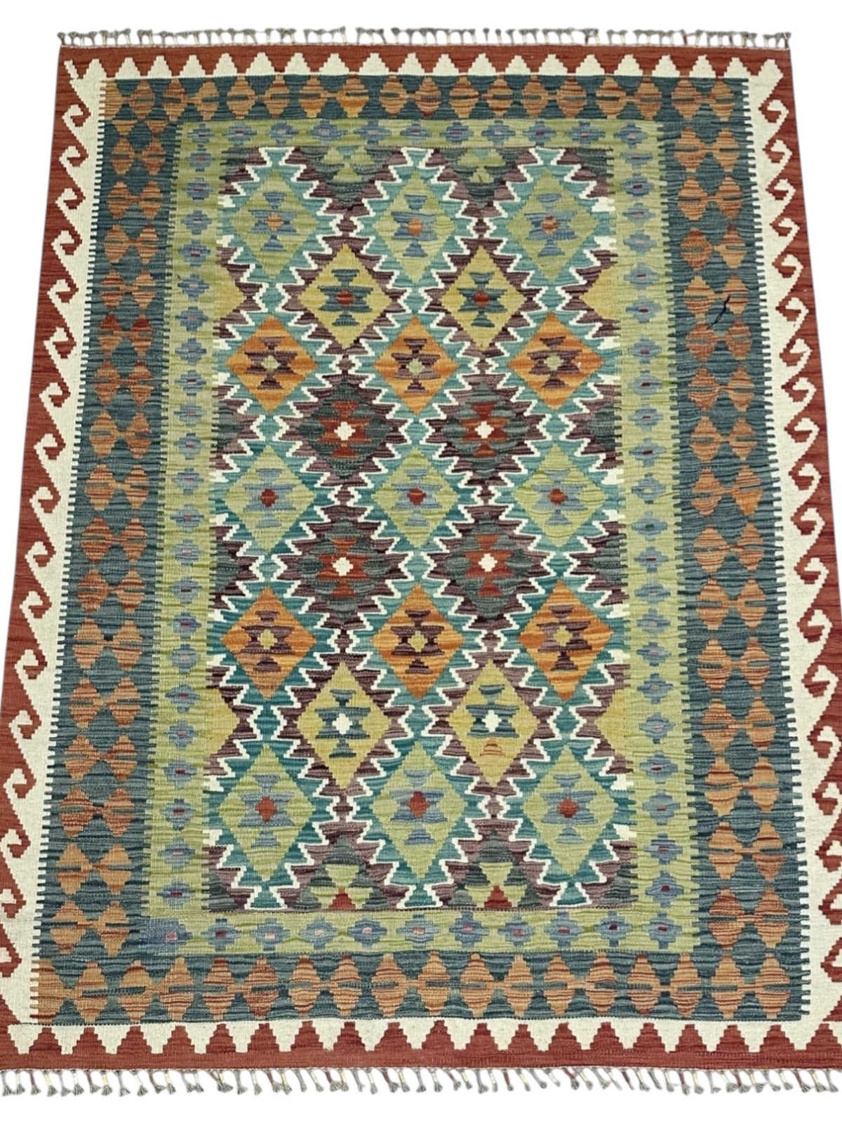 Afghan Kilim Rug 5x7, Olive Green, Rust & Teal, Hand-Woven Wool Flatweave, view 2
