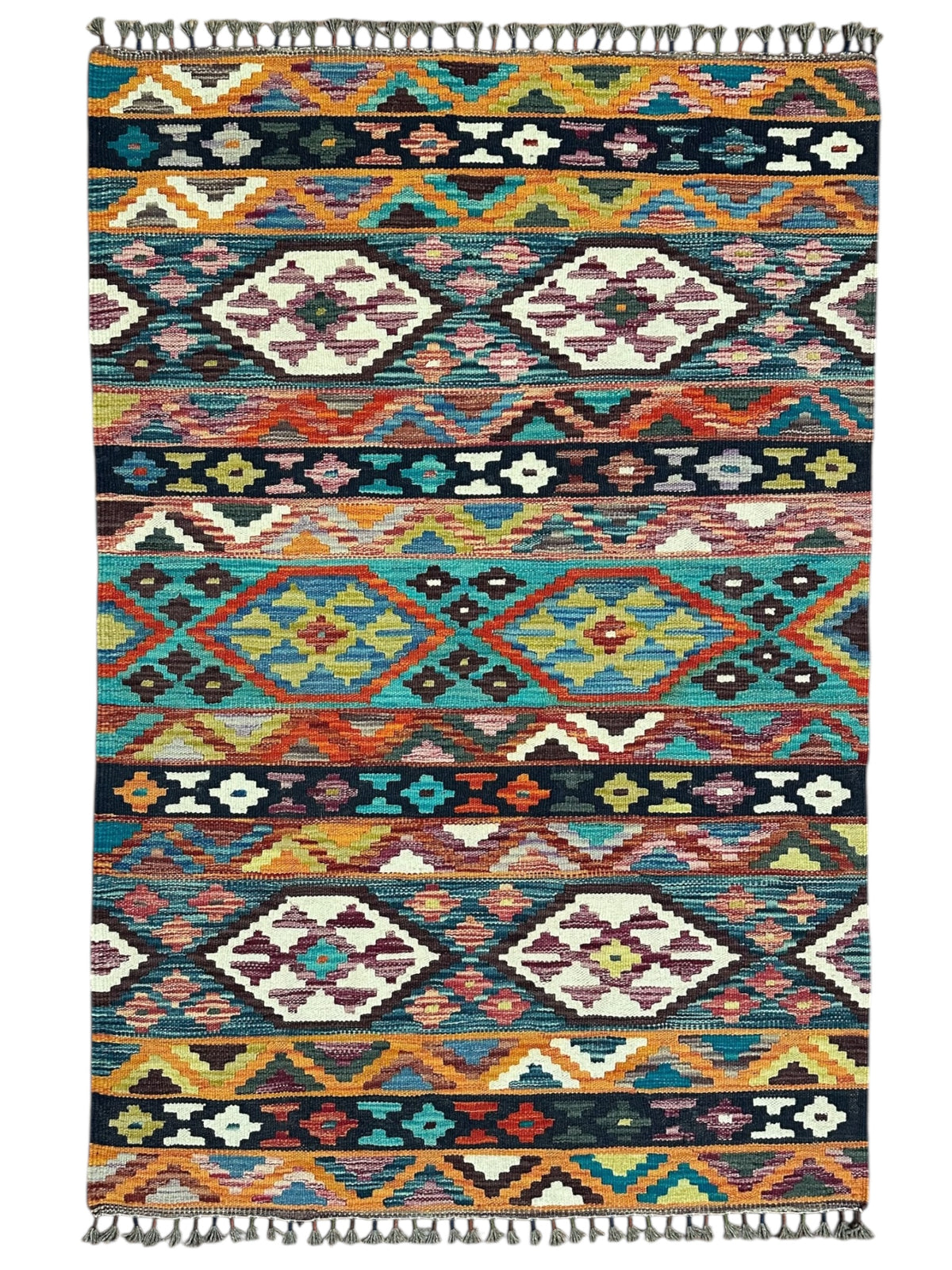 Afghan Kilim Rug 3x5, Teal, Navy & Orange, Hand-Woven Wool Flatweave