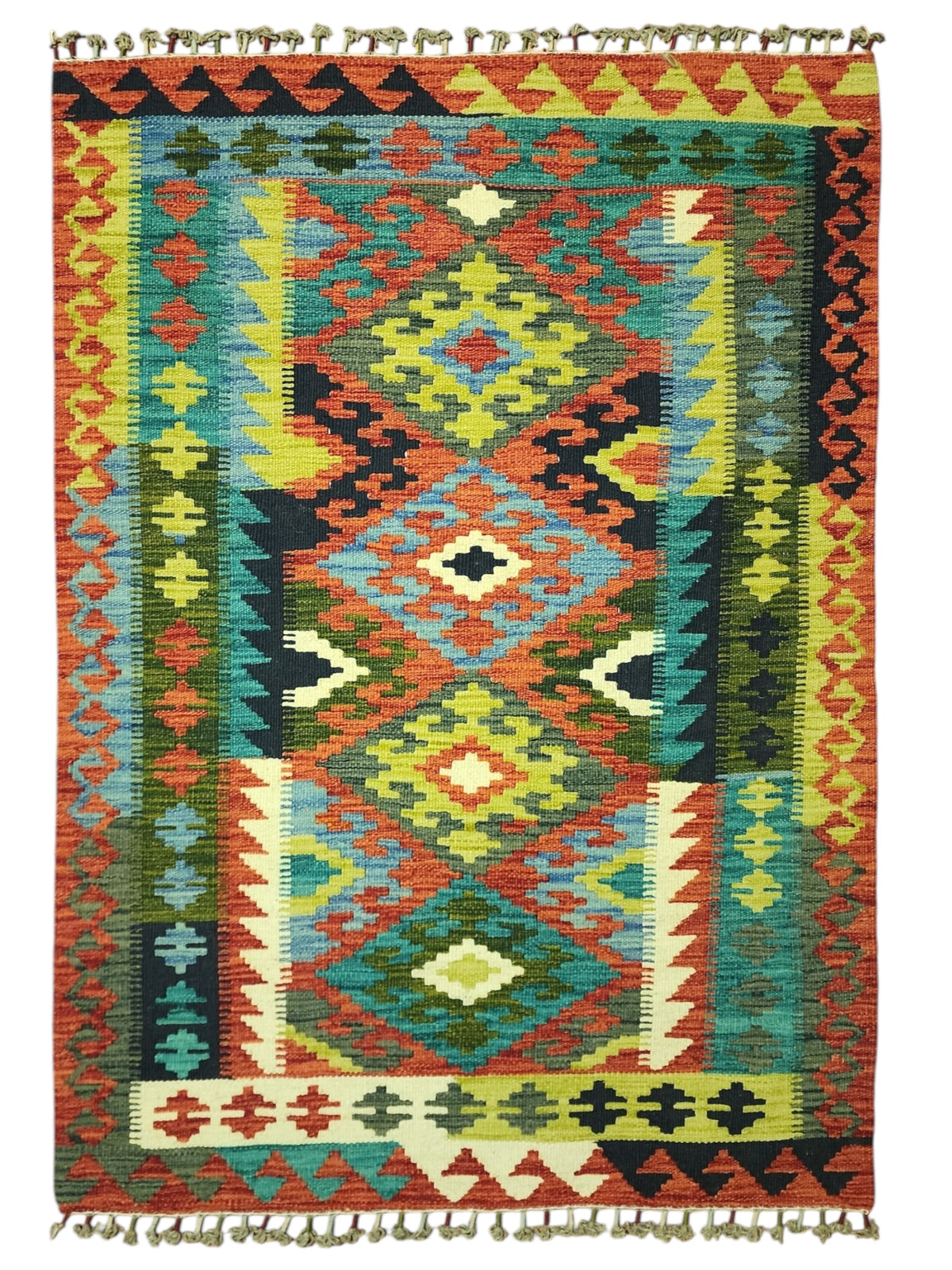 Afghan Kilim Rug 3x5, Rust, Teal & Green, Hand-Woven Wool Flatweave