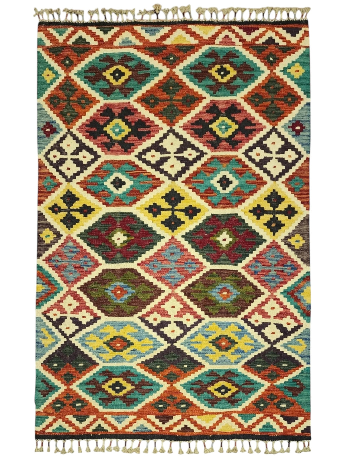 Afghan Kilim Rug 3x5, Rust, Ivory & Teal, Diamond Lattice Wool Flatweave