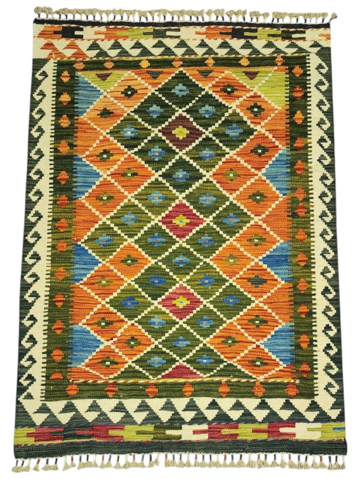 Afghan Kilim Rug 3x5, Green, Orange & Ivory, Hand-Woven Wool Flatweave, view 2