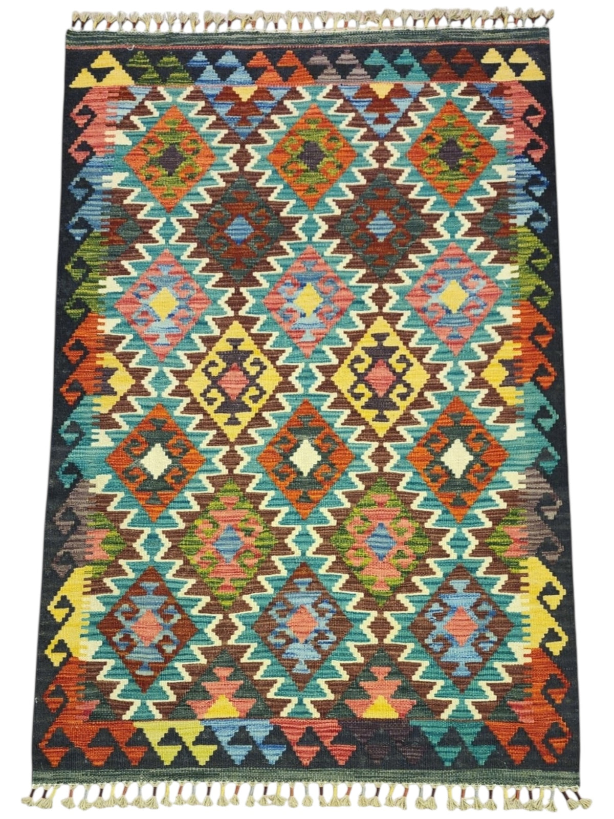 Afghan Kilim Rug 4x5, Teal, Rust & Navy, Diamond Lattice Wool Flatweave, view 2