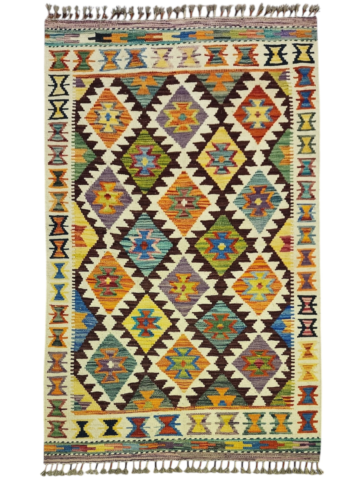 Afghan Kilim Rug 3x5, Ivory, Brown & Orange, Hand-Woven Wool Flatweave