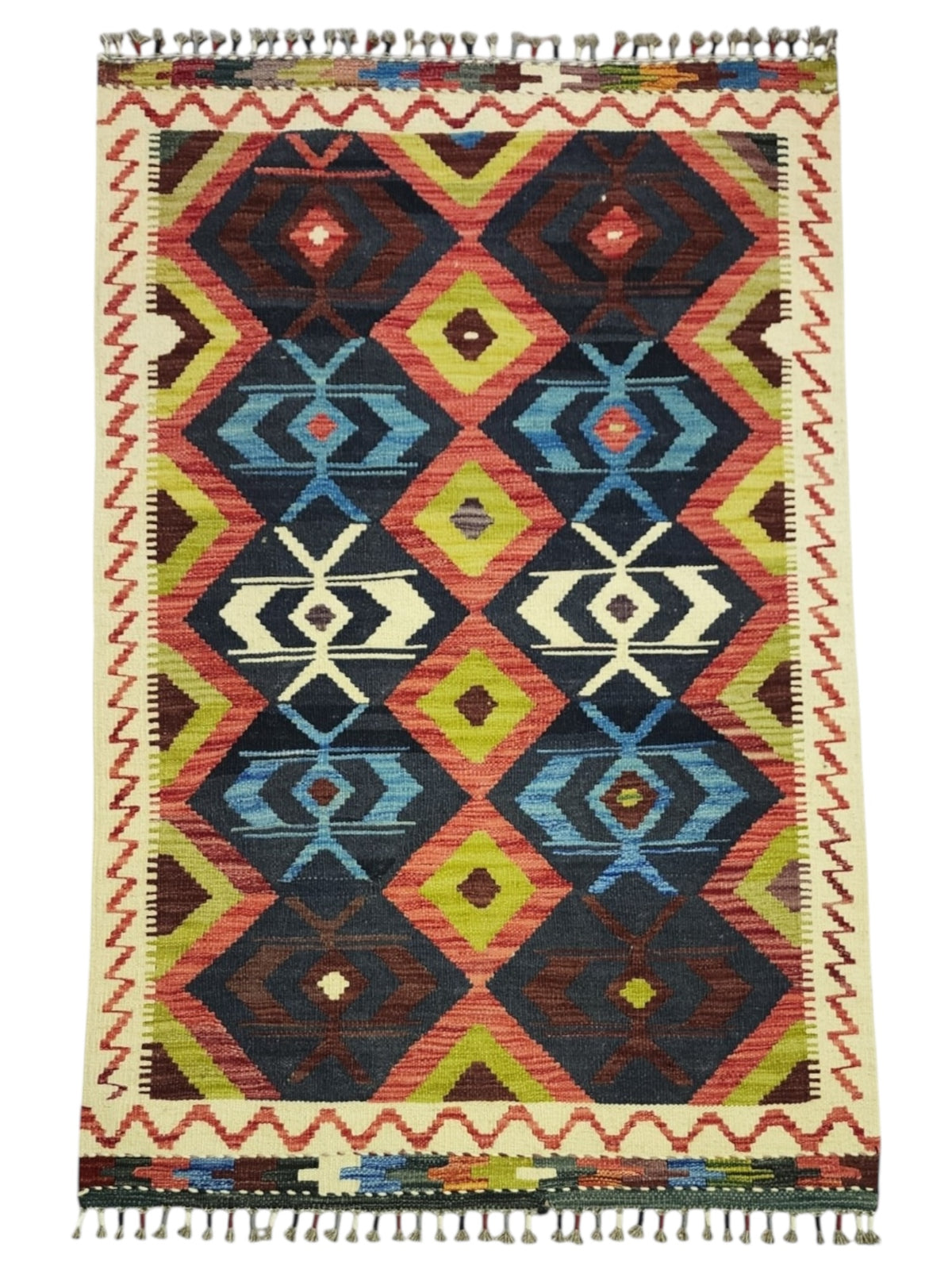 Afghan Kilim Rug 3x5, Navy, Rust & Olive Green, Hand-Woven Wool Flatweave, view 2