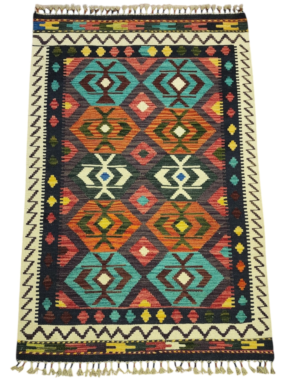 Afghan Kilim Rug 3x5, Navy, Orange & Teal, Diamond Lattice Wool Flatweave, view 2
