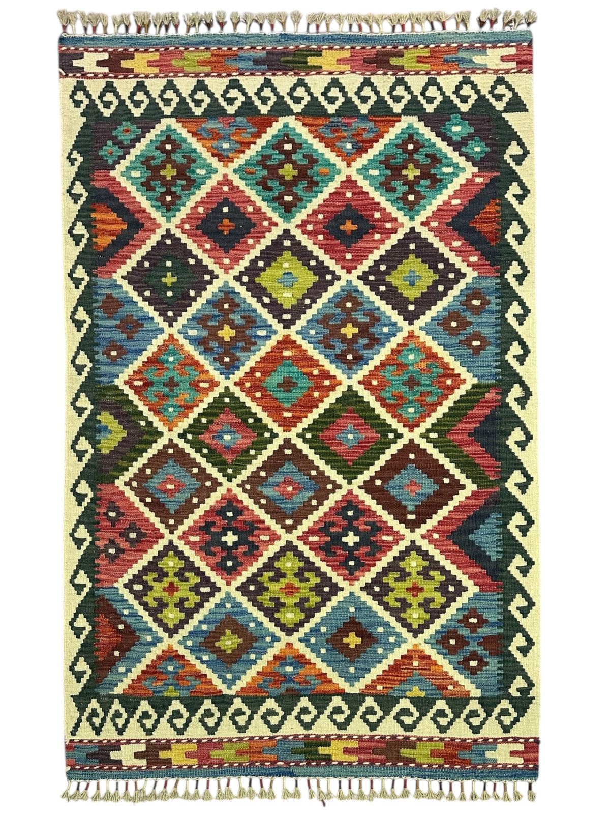 Afghan Kilim Rug 4x5, Ivory, Green & Rust, Hand-Woven Wool Flatweave