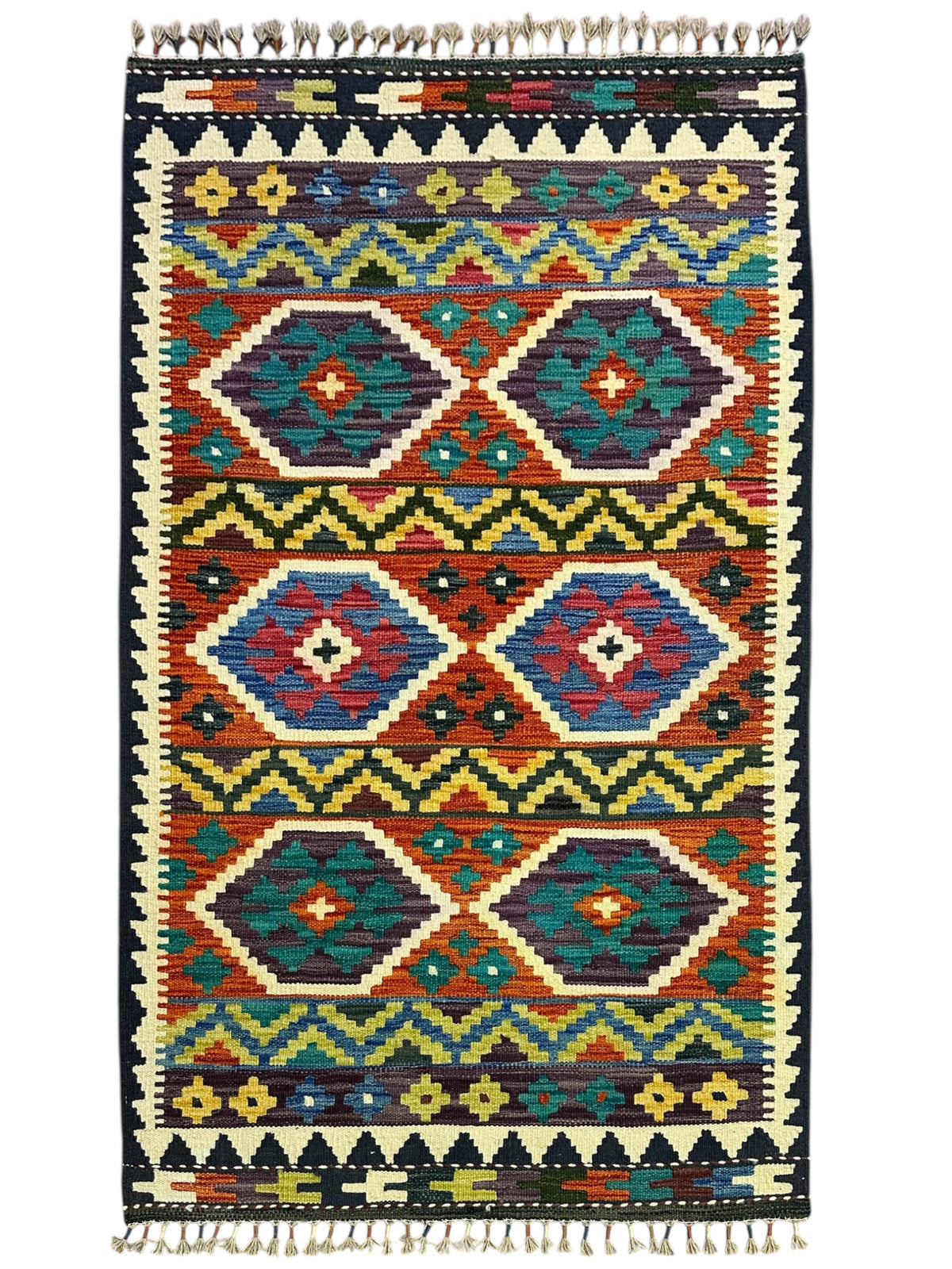 Afghan Kilim Rug 3x5, Rust, Navy & Teal, Hand-Woven Wool Flatweave