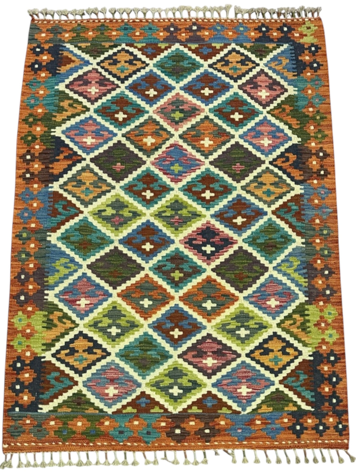 Afghan Kilim Rug 4x5, Orange, Teal & Olive Green, Hand-Woven Wool Flatweave, view 2