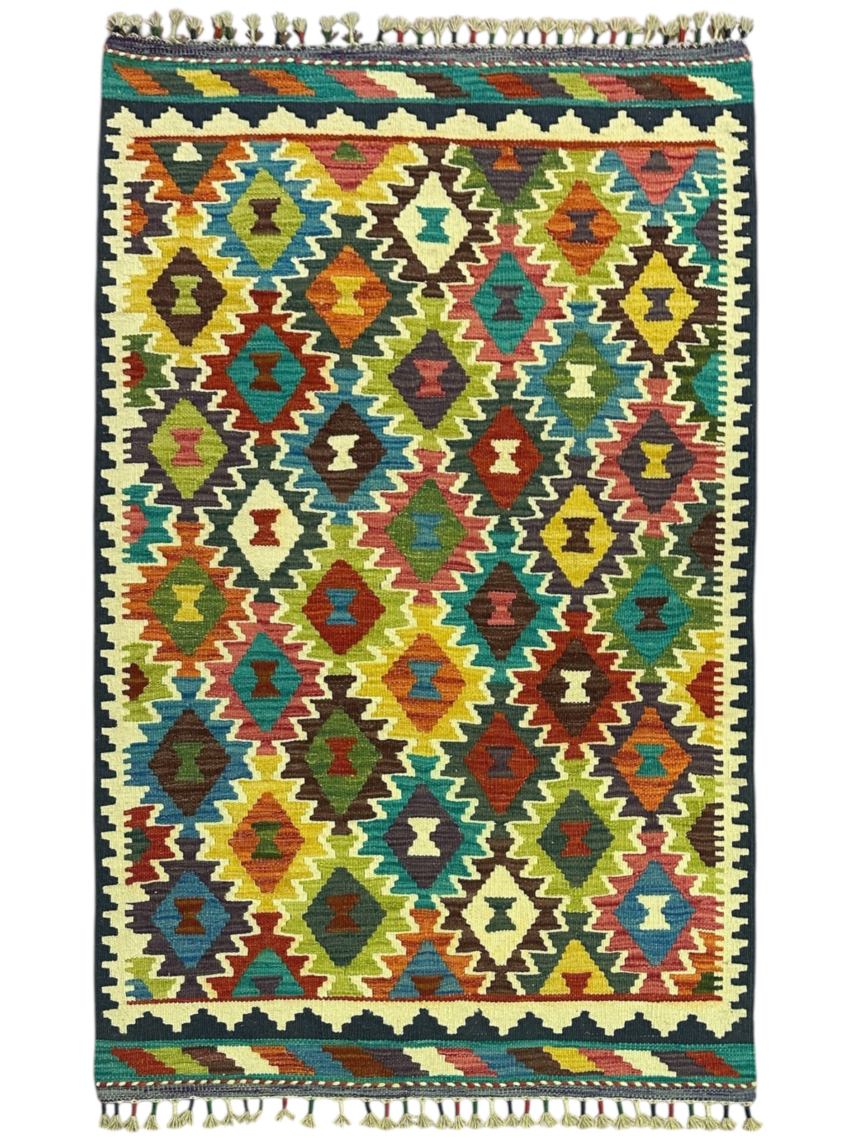 Afghan Kilim Rug 3x5, Ivory, Rust & Yellow, Hand-Woven Wool Flatweave