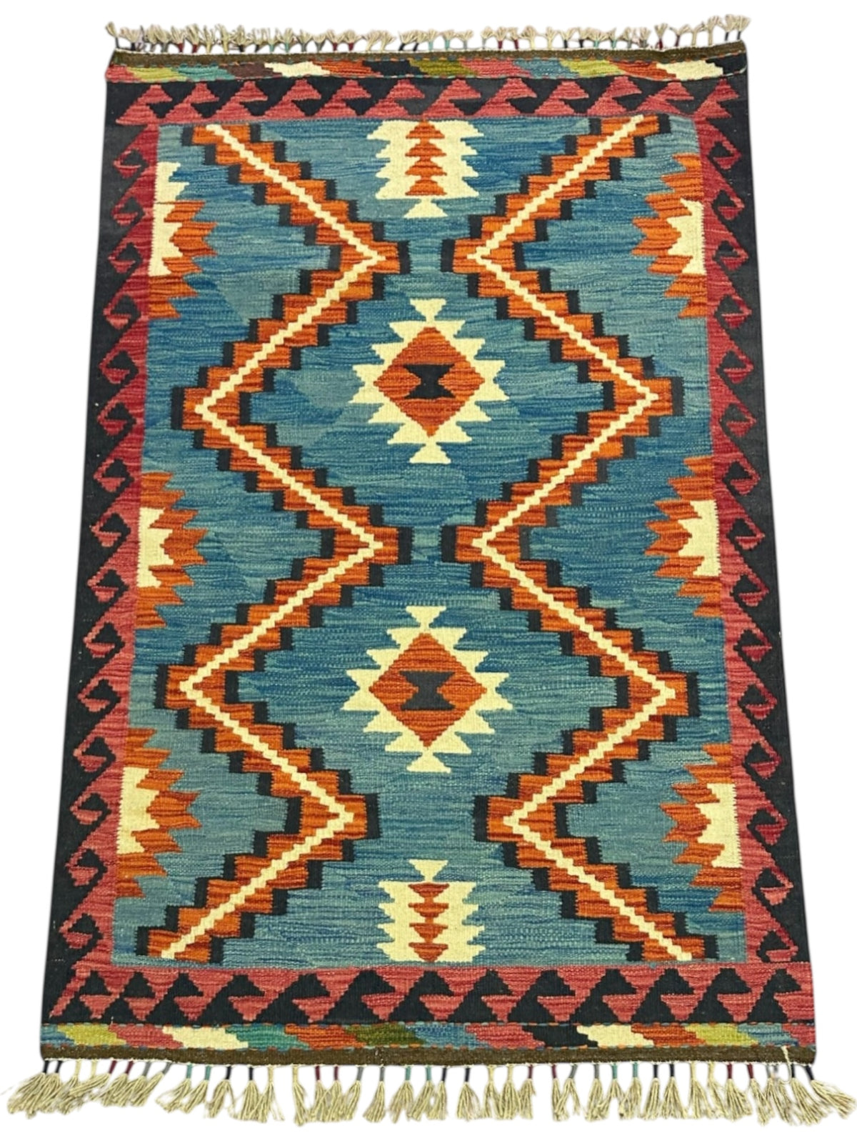 Afghan Kilim Rug 3x5, Blue, Rust & Navy, Hand-Woven Wool Flatweave, view 2