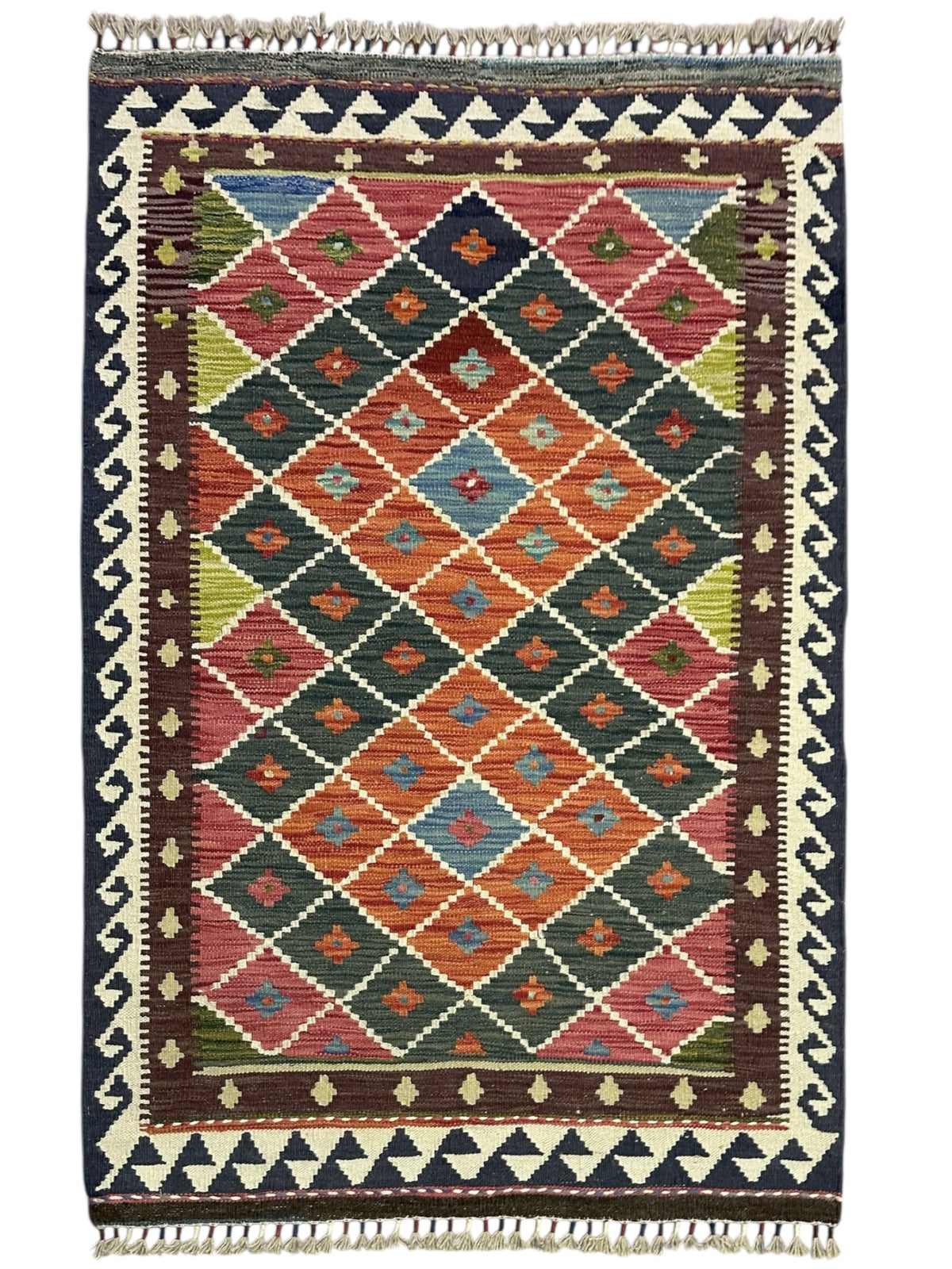 Afghan Kilim Rug 3x5, Green, Rust & Navy, Hand-Woven Wool Flatweave