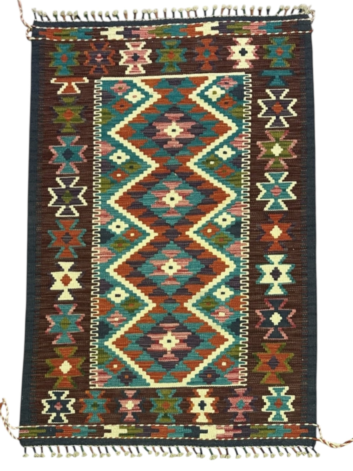 Afghan Kilim Rug 3x5, Brown, Teal & Rust, Hand-Woven Wool Flatweave, view 2