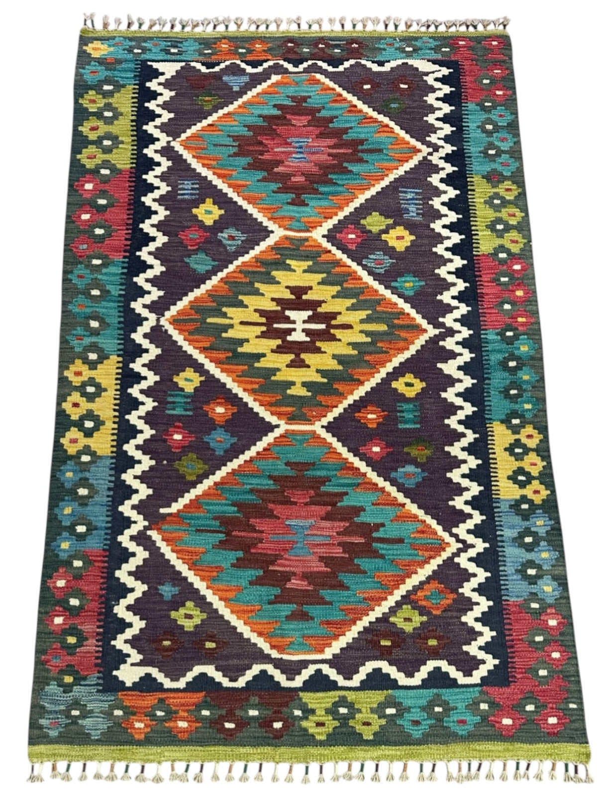 Afghan Kilim Rug 4x6, Purple, Teal & Olive Green, Hand-Woven Wool Flatweave, view 2