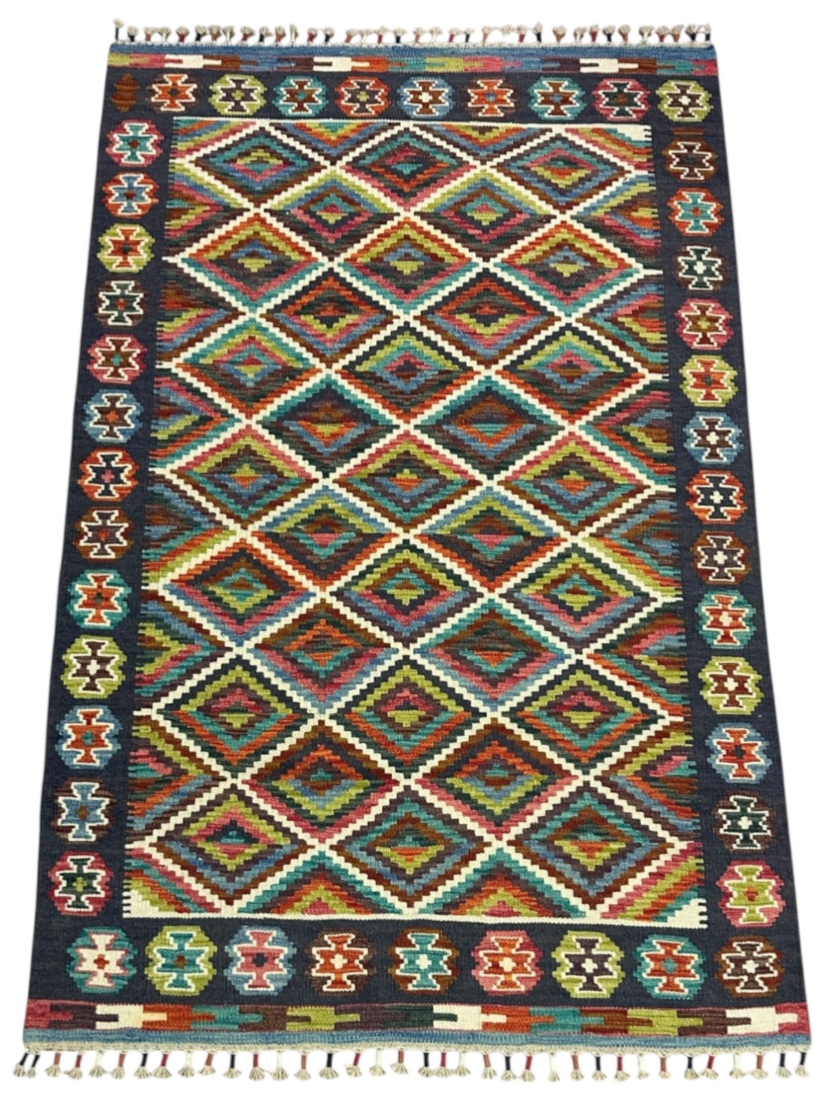 Afghan Kilim Rug 4x6, Navy, Rust & Teal, Hand-Woven Wool Flatweave, view 2