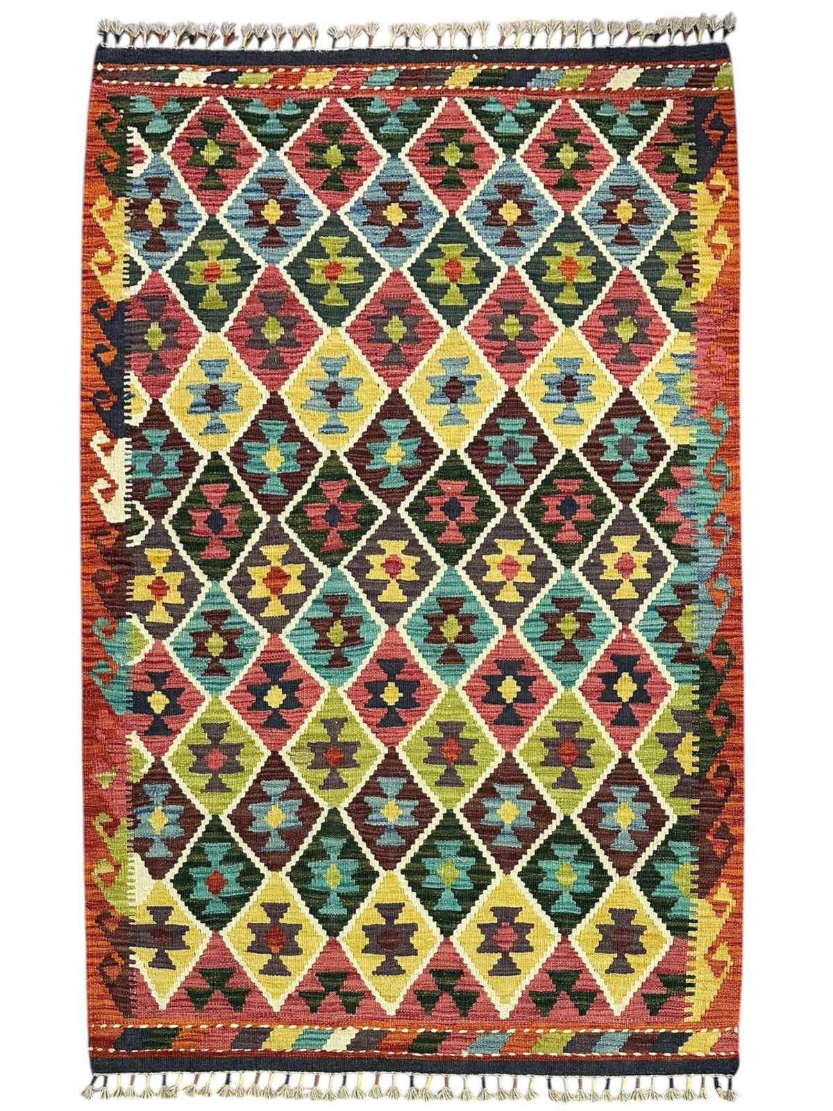 Afghan Kilim Rug 4x5, Rust, Ivory & Navy, Hand-Woven Wool Flatweave