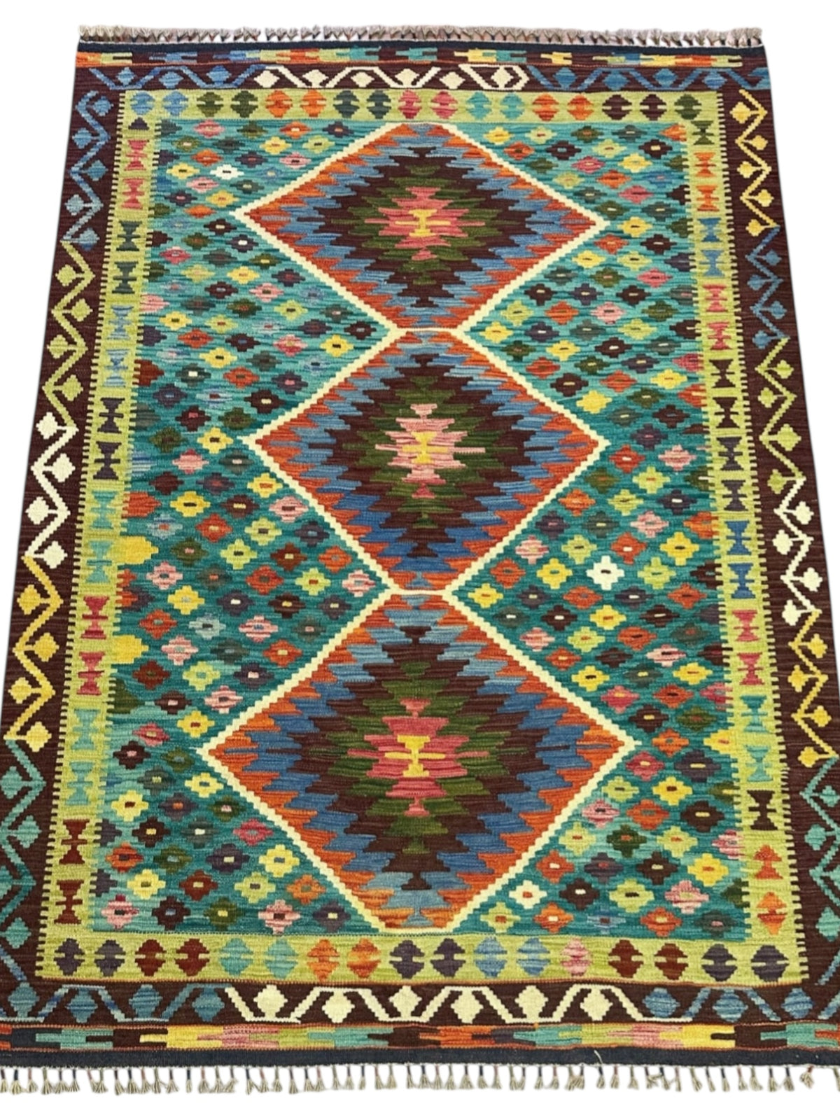 Afghan Kilim Rug 5x7, Teal, Brown & Olive Green, Hand-Woven Wool Flatweave, view 2