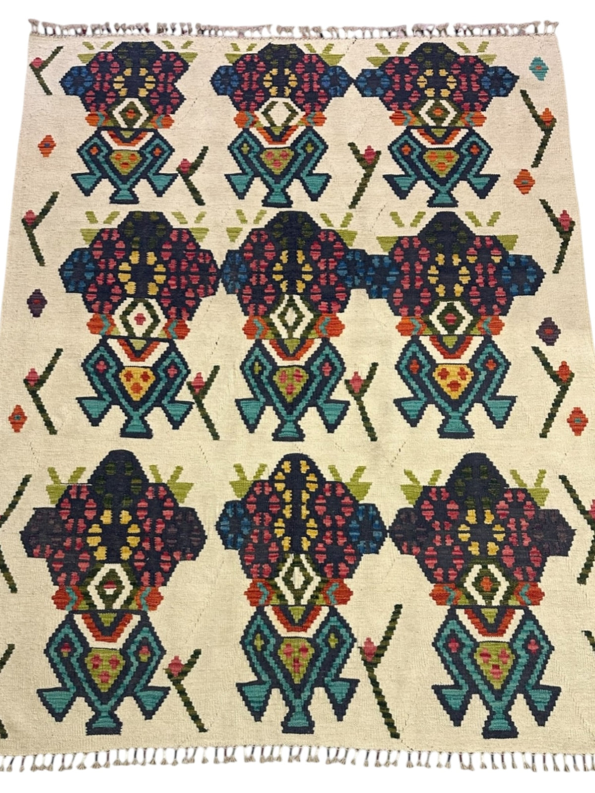 Afghan Kilim Rug 6x7, Ivory, Navy & Teal, Hand-Woven Wool Flatweave, view 2