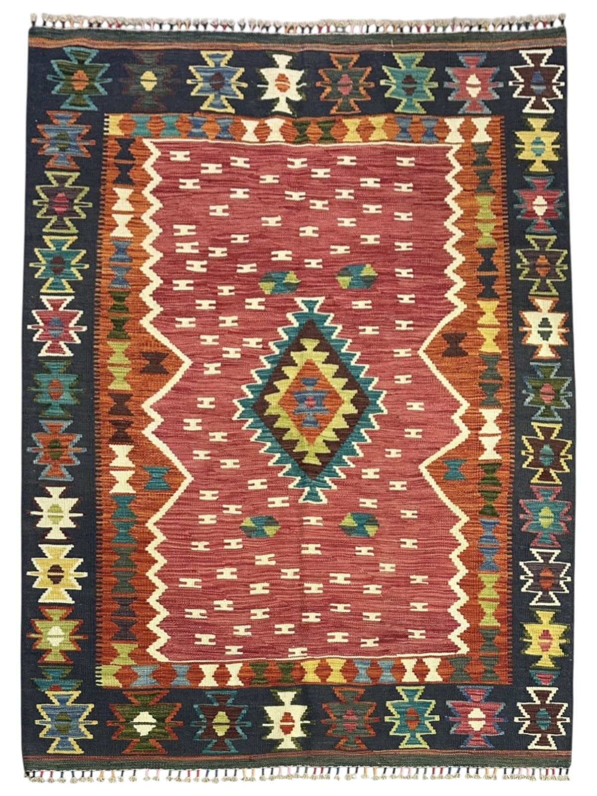 Afghan Kilim Rug 5x6, Red, Navy & Ivory, Hand-Woven Wool Flatweave