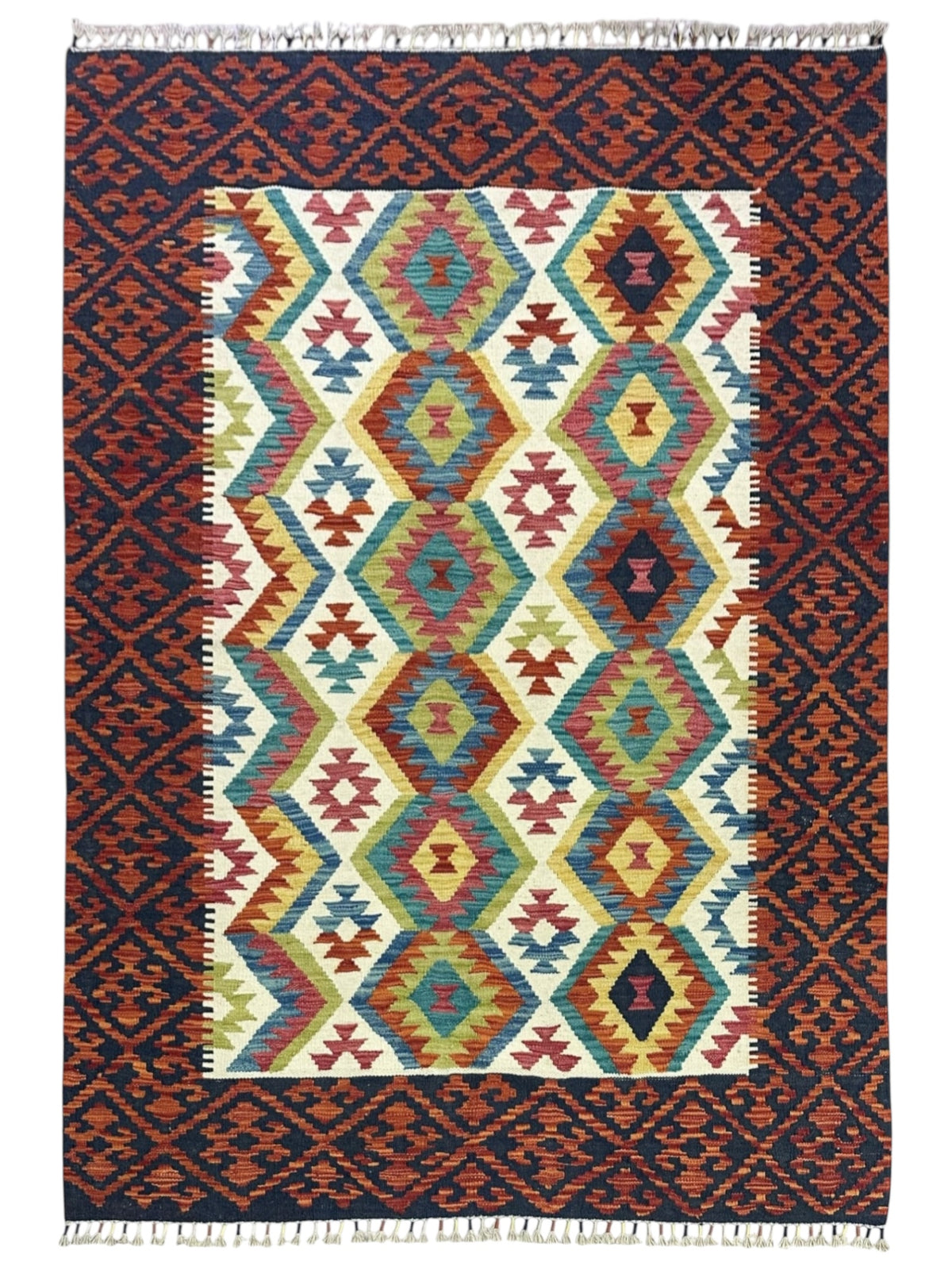 Afghan Kilim Rug 5x7, Rust, Navy & Ivory, Hand-Woven Wool Flatweave
