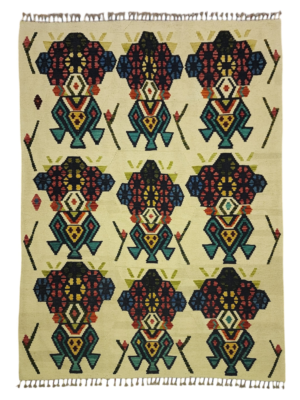 Afghan Kilim Rug 5x6, Ivory, Navy & Teal, Hand-Woven Wool Flatweave
