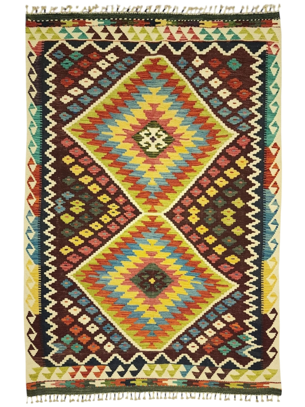 Afghan Kilim Rug 5x7, Brown, Rust & Yellow, Hand-Woven Wool Flatweave