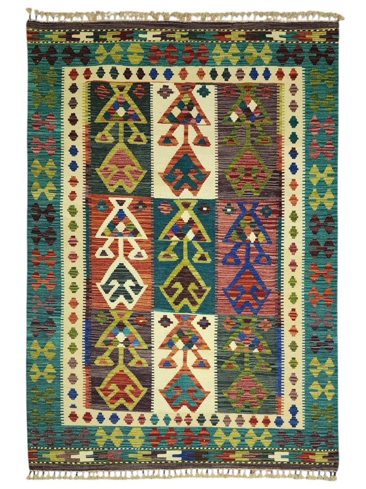 Afghan Kilim Rug 5x7, Teal, Ivory & Rust, Hand-Woven Wool Flatweave